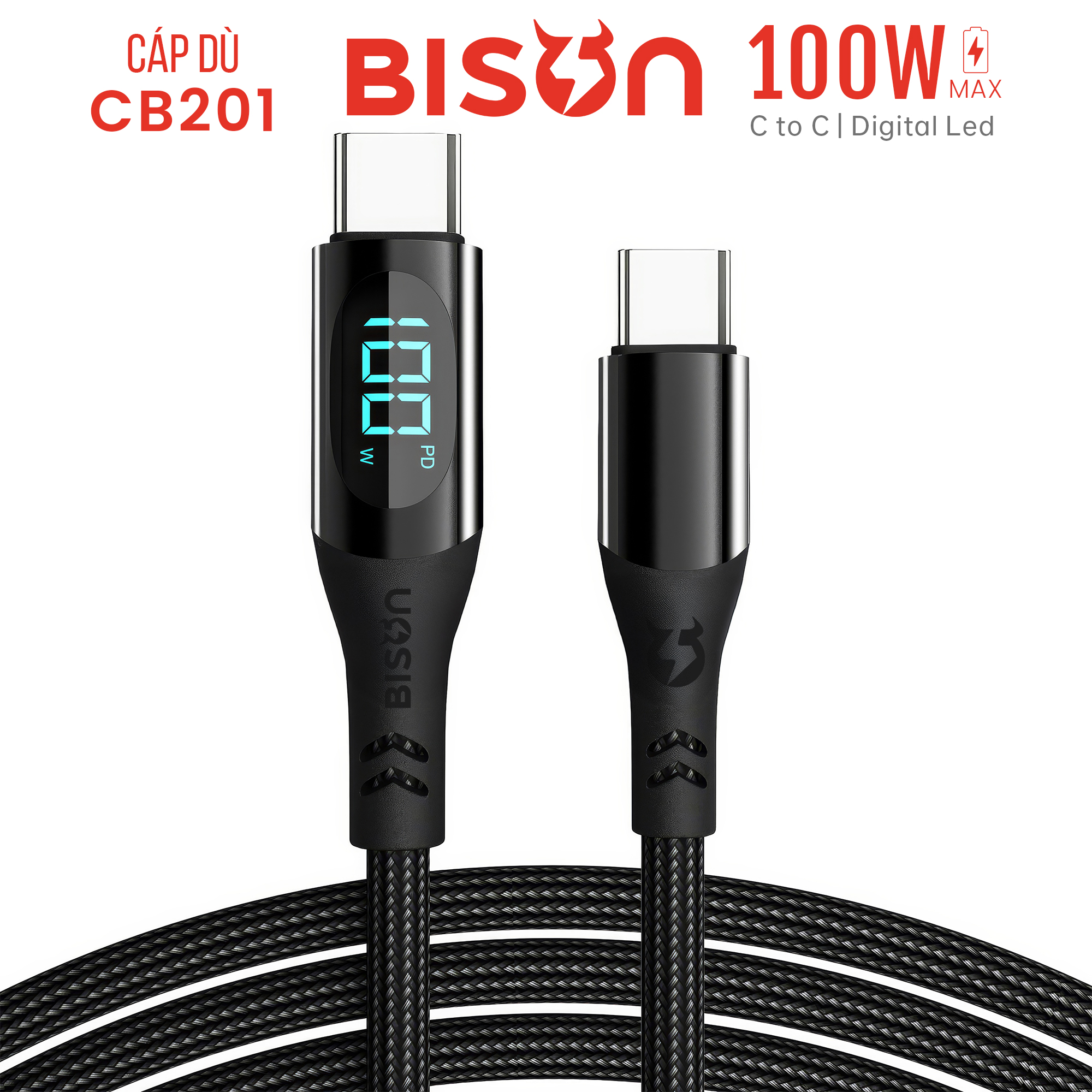 Cáp sạc Bison bọc dù 100W C to C, có đèn Digital Led CB201 (2)
