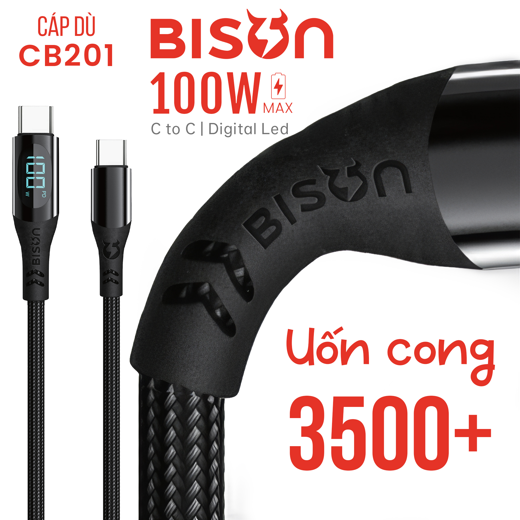 Cáp sạc Bison bọc dù 100W C to C, có đèn Digital Led CB201 (3)