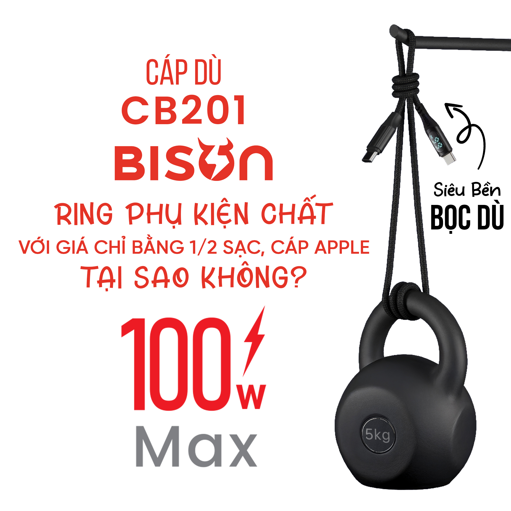 Cáp sạc Bison bọc dù 100W C to C, có đèn Digital Led CB201 (4)