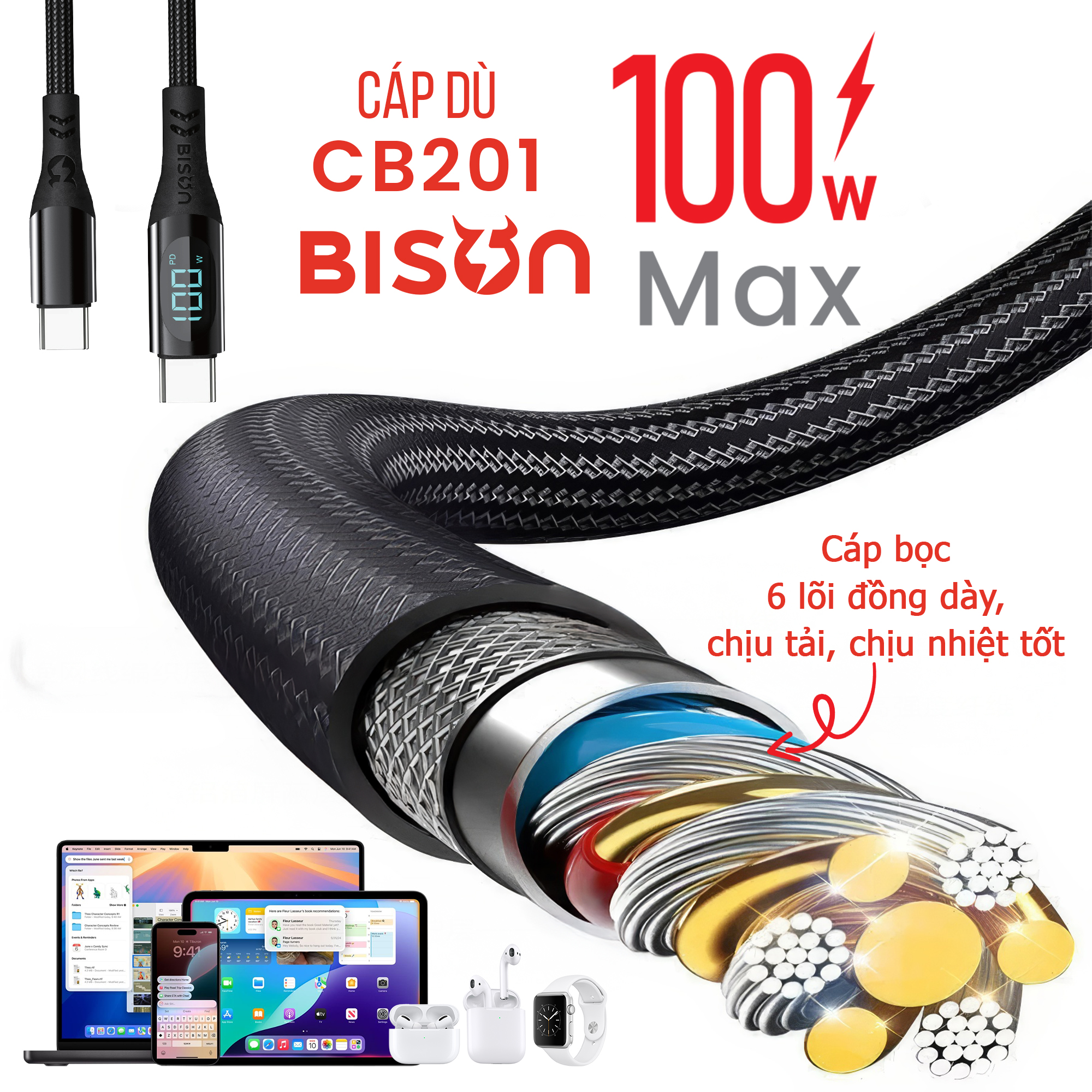 Cáp sạc Bison bọc dù 100W C to C, có đèn Digital Led CB201 (6)