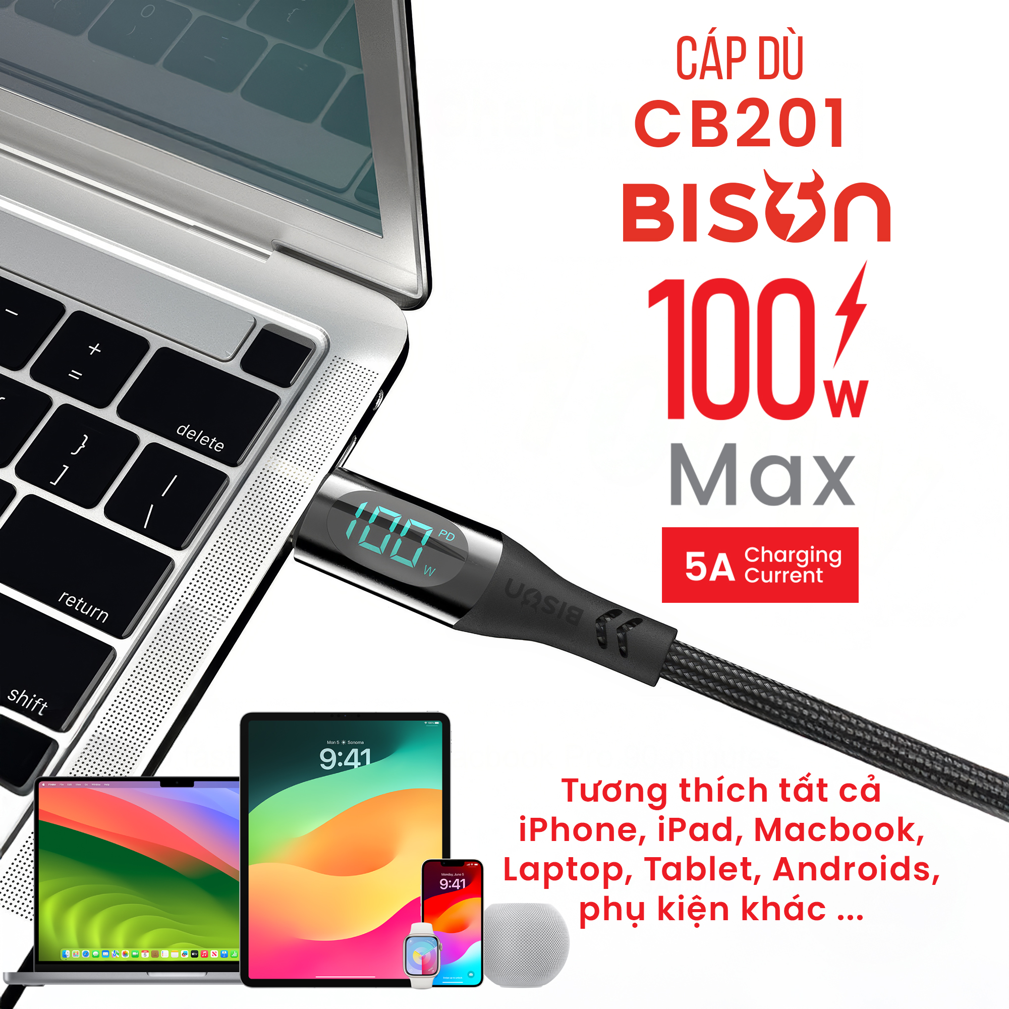 Cáp sạc Bison bọc dù 100W C to C, có đèn Digital Led CB201 (7)