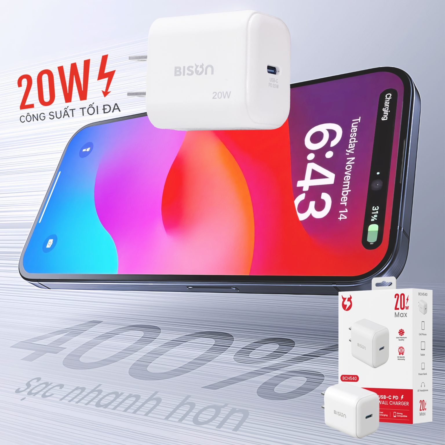 Củ sạc nhanh BISON PD 20W USB-C BCH540 chuẩn us - Bison