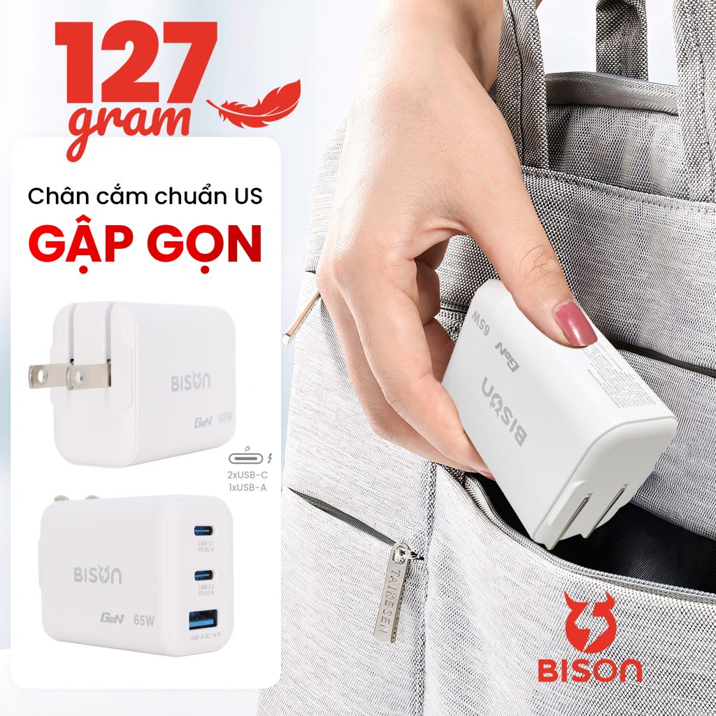 Củ sạc nhanh BISON 65W GaN 3 cổng (A+2C) BCH670 chuẩn us - Bison
