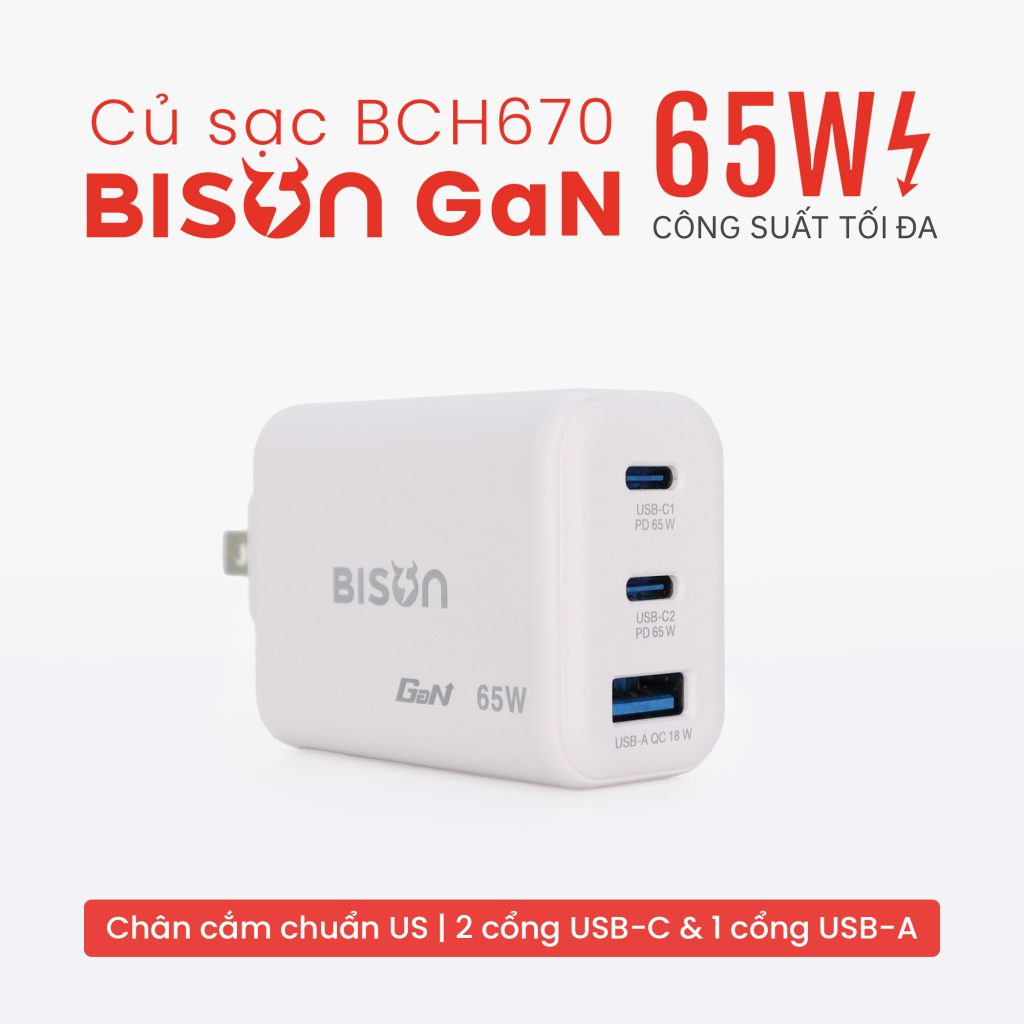 Củ sạc nhanh BISON 65W GaN 3 cổng (A+2C) BCH670 chuẩn us - Bison