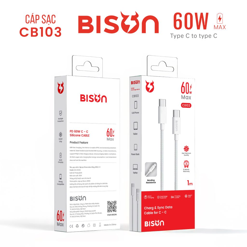 Cáp sạc Bison bọc dù 60W, USB-C to C (C to C), CB103 - Bison