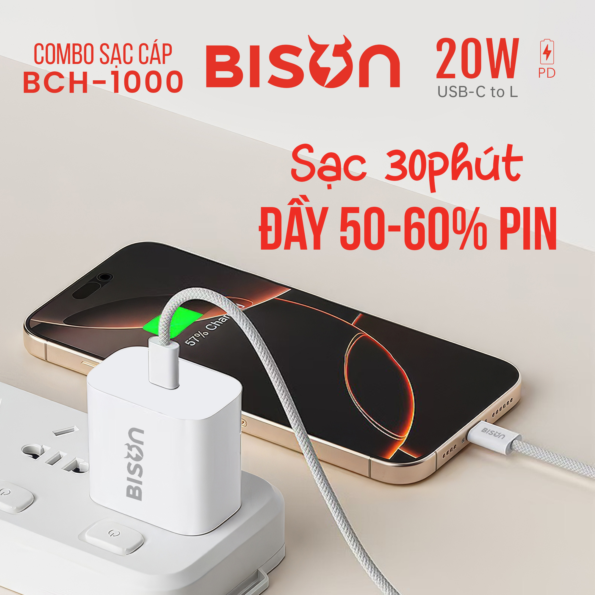 Combo sạc cáp Bison 20W, USB-C to Lightning (C to L), BCH1000 (6)