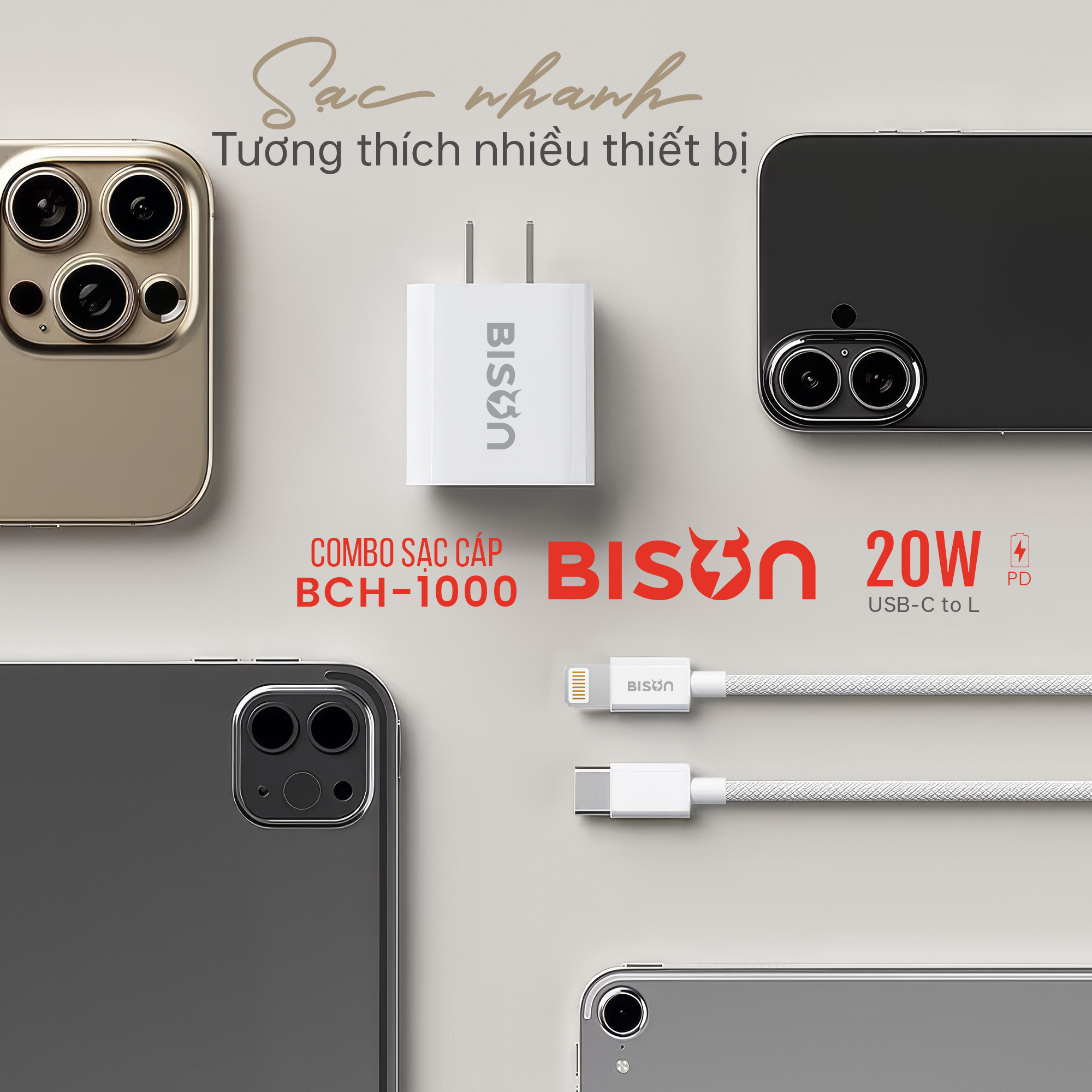Combo sạc cáp Bison 20W, USB-C to Lightning (C to L), BCH1000 (9)