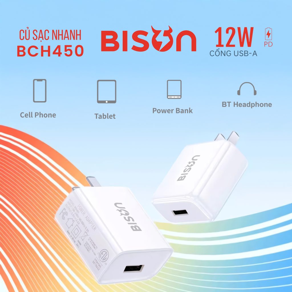 Củ sạc Bison 12W USB-A, nhỏ gọn 34gram, BCH450 - Bison