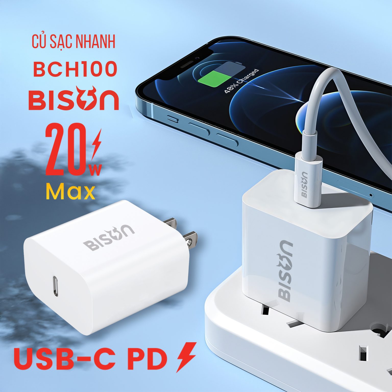 Củ sạc Bison 20W USB-C, nhỏ gọn 43gram, BCH100 - Bison