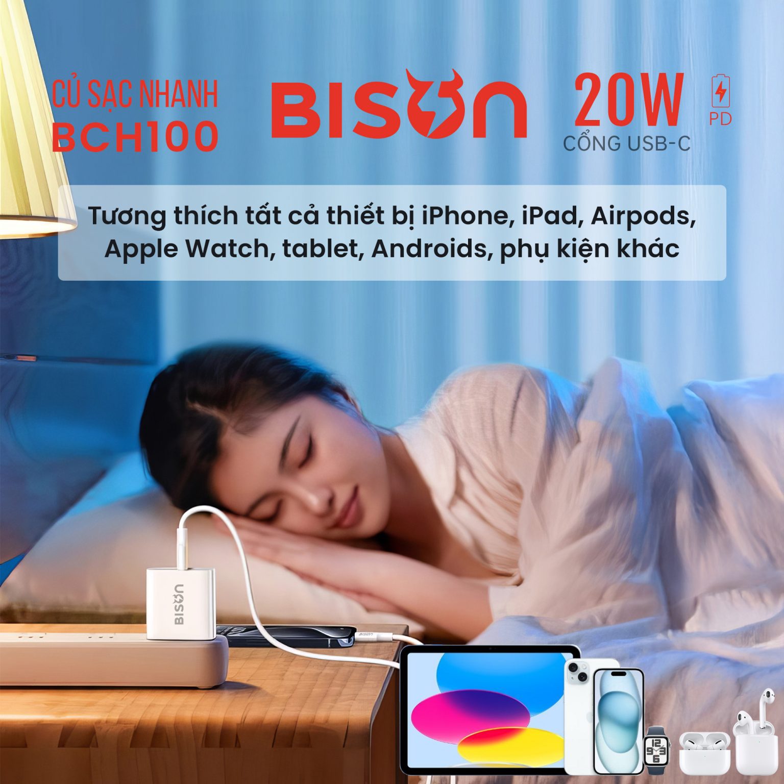 Củ sạc Bison 20W USB-C, nhỏ gọn 43gram, BCH100 - Bison