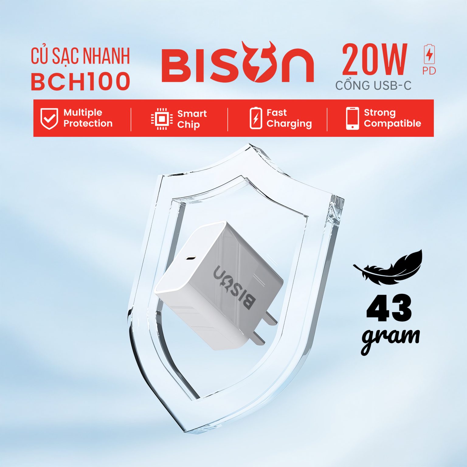 Củ sạc Bison 20W USB-C, nhỏ gọn 43gram, BCH100 - Bison