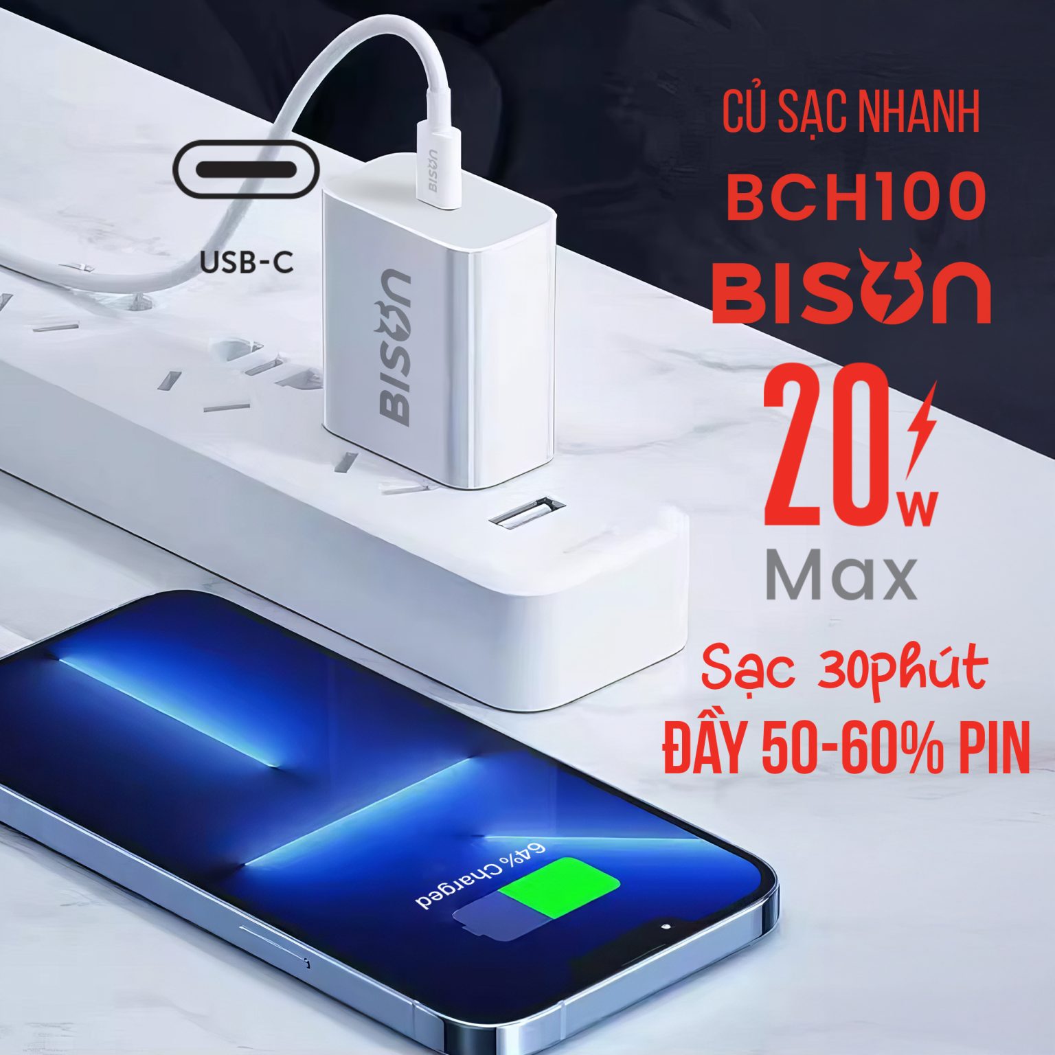 Củ sạc Bison 20W USB-C, nhỏ gọn 43gram, BCH100 - Bison