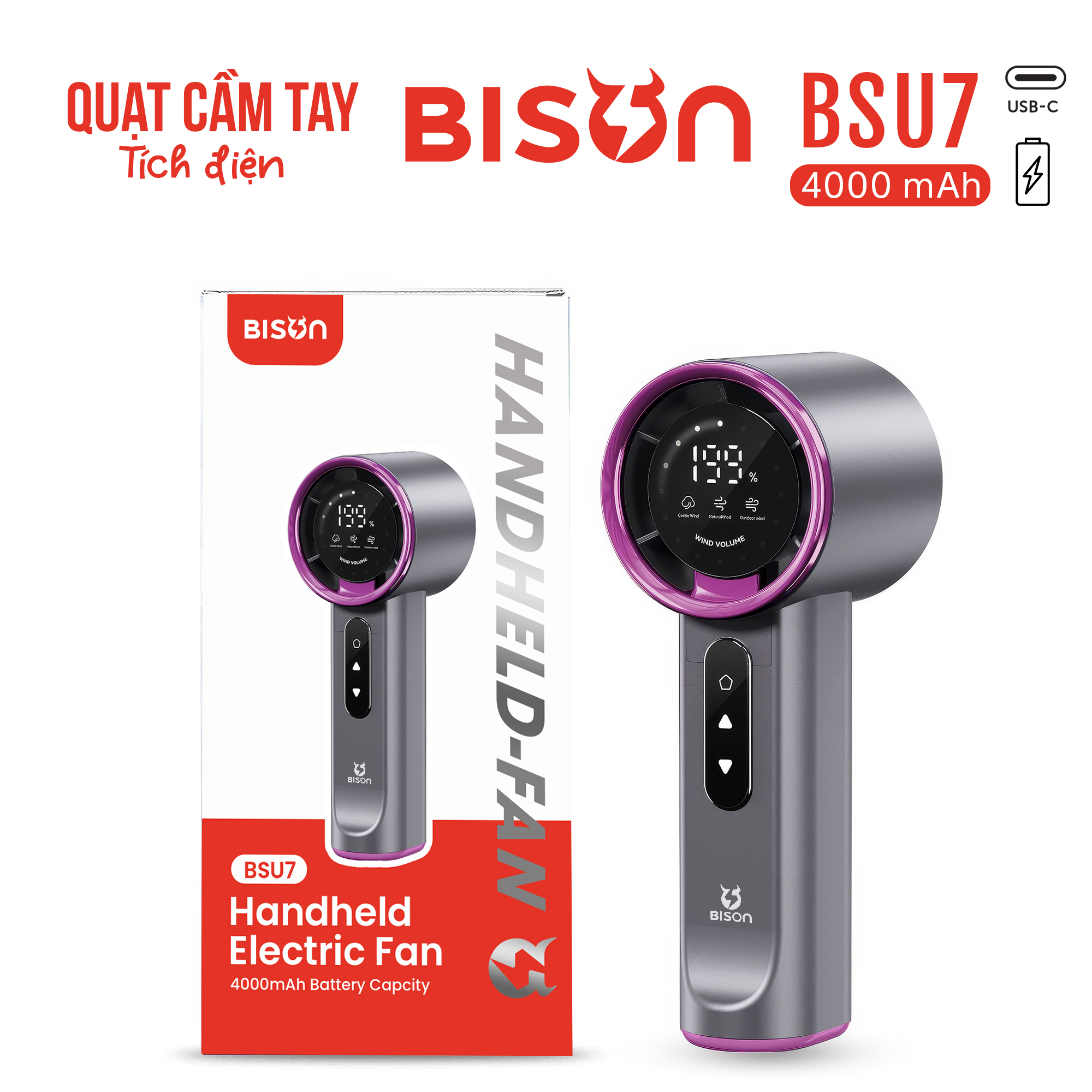 Quạt cầm tay Bison BSU7 cao cấp, tích điện 4000mAh, sạc type C, 199 tốc độ gió (1)