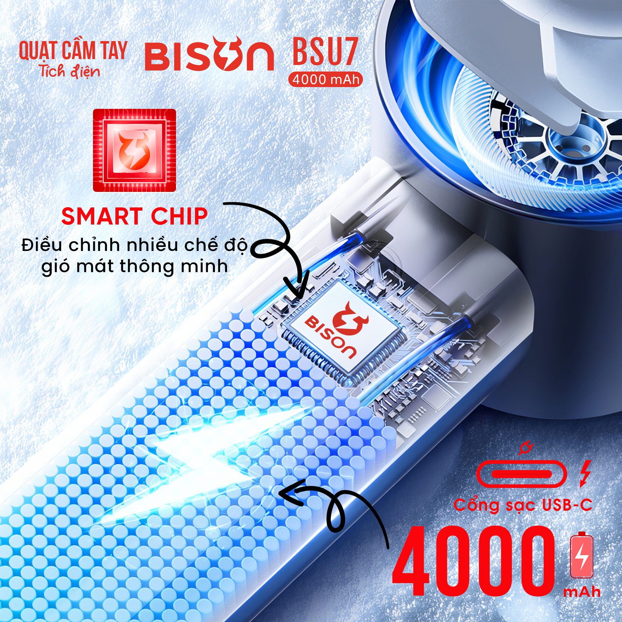 Quạt cầm tay Bison BSU7 cao cấp, tích điện 4000mAh, sạc type C, 199 tốc độ gió (10)