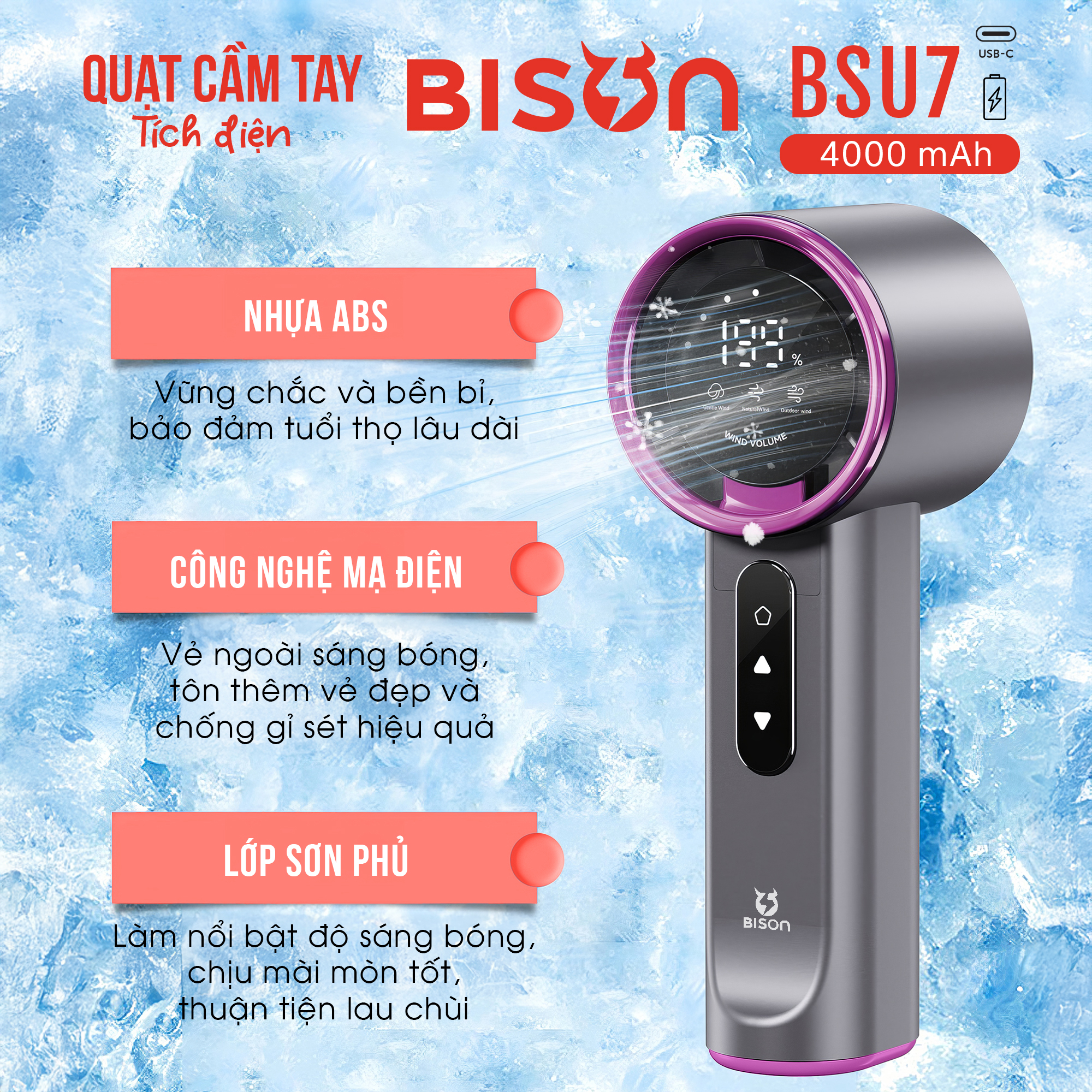 Quạt cầm tay Bison BSU7 cao cấp, tích điện 4000mAh, sạc type C, 199 tốc độ gió (11)