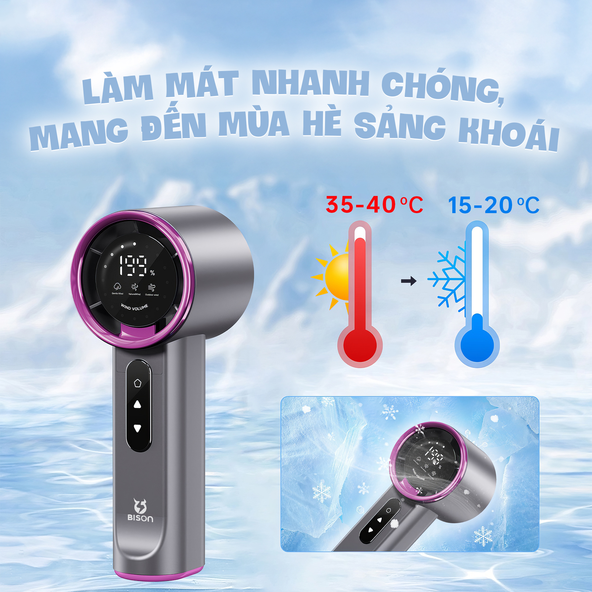 Quạt cầm tay Bison BSU7 cao cấp, tích điện 4000mAh, sạc type C, 199 tốc độ gió (12)