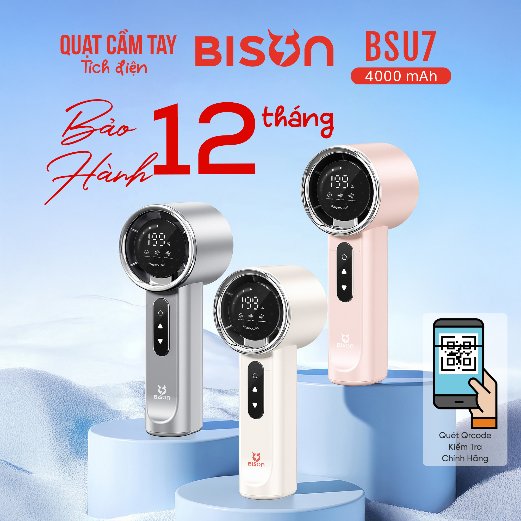 Quạt cầm tay Bison BSU7 cao cấp, tích điện 4000mAh, sạc type C, 199 tốc độ gió (13)