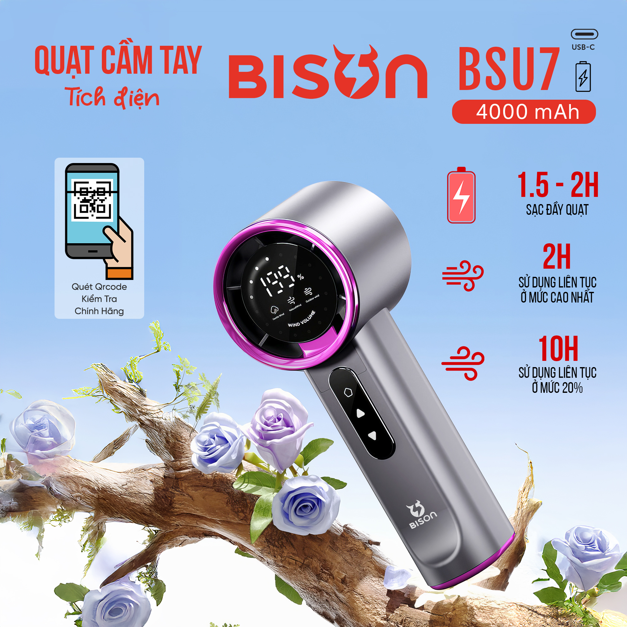Quạt cầm tay Bison BSU7 cao cấp, tích điện 4000mAh, sạc type C, 199 tốc độ gió (14)