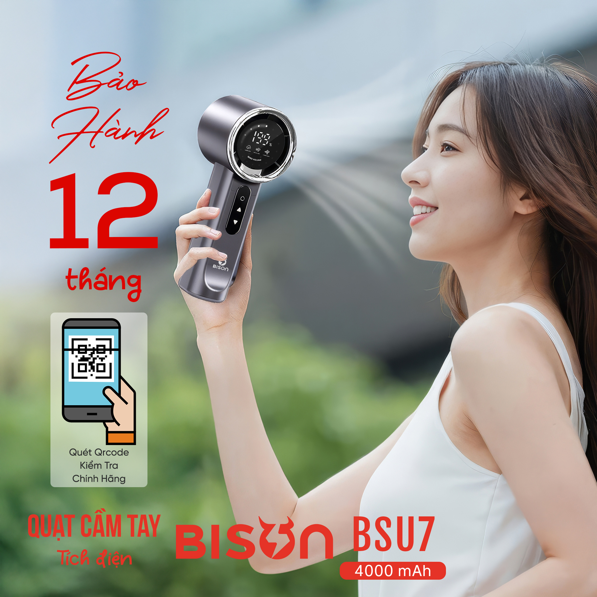 Quạt cầm tay Bison BSU7 cao cấp, tích điện 4000mAh, sạc type C, 199 tốc độ gió (15)