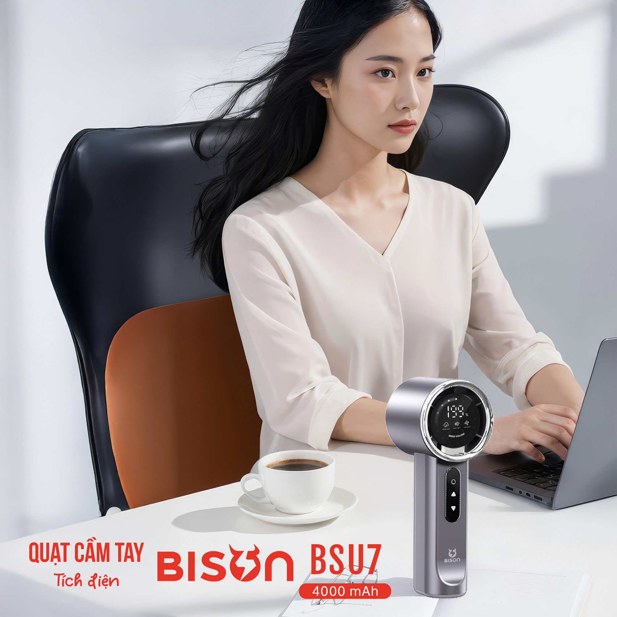 Quạt cầm tay Bison BSU7 cao cấp, tích điện 4000mAh, sạc type C, 199 tốc độ gió (16)