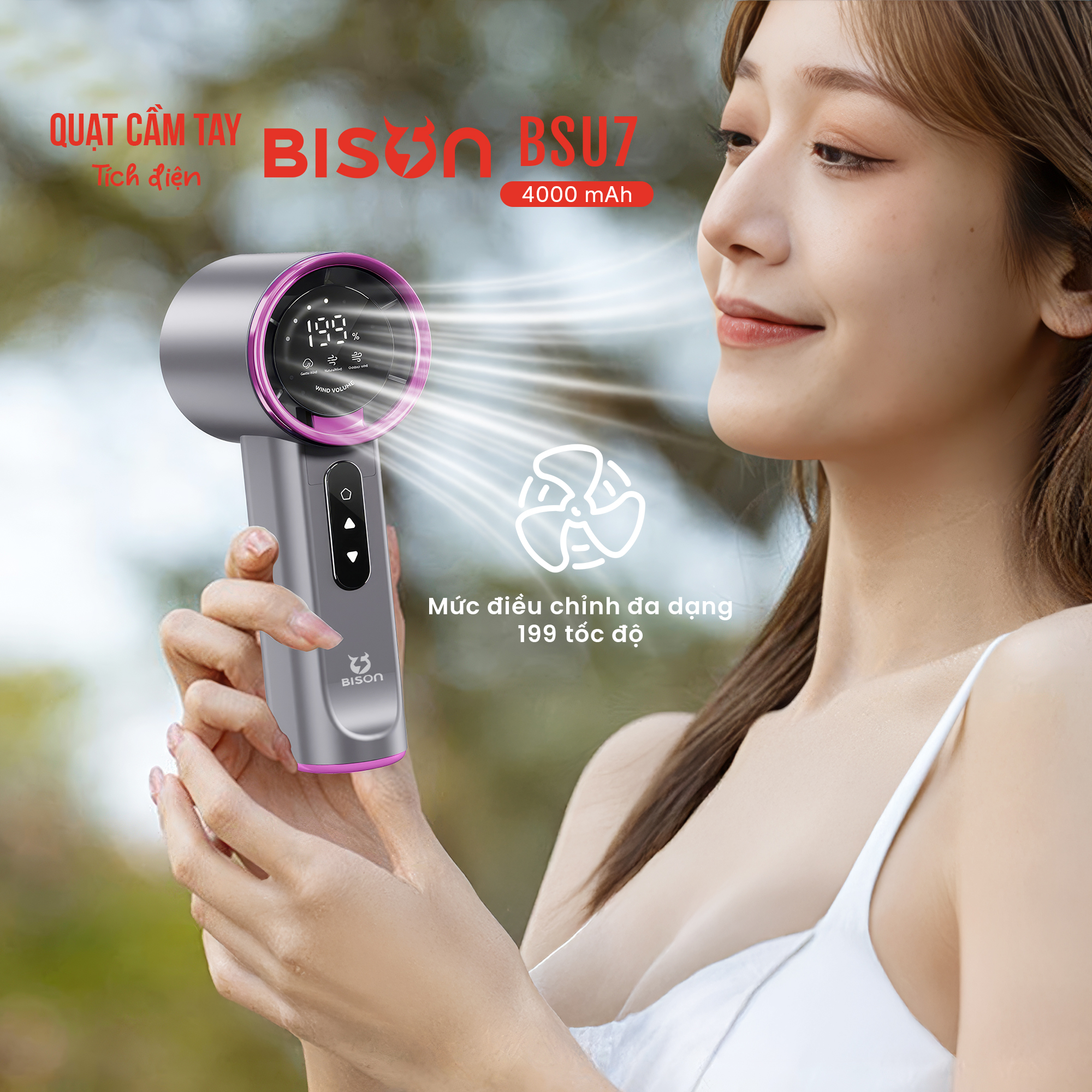 Quạt cầm tay Bison BSU7 cao cấp, tích điện 4000mAh, sạc type C, 199 tốc độ gió (17)