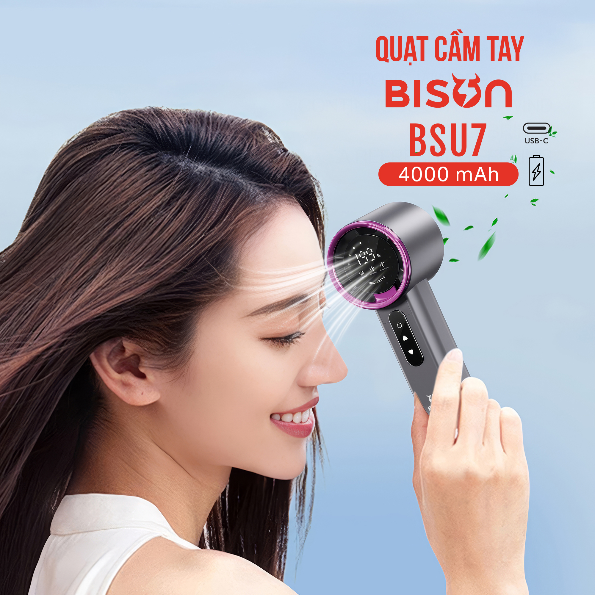 Quạt cầm tay Bison BSU7 cao cấp, tích điện 4000mAh, sạc type C, 199 tốc độ gió (18)