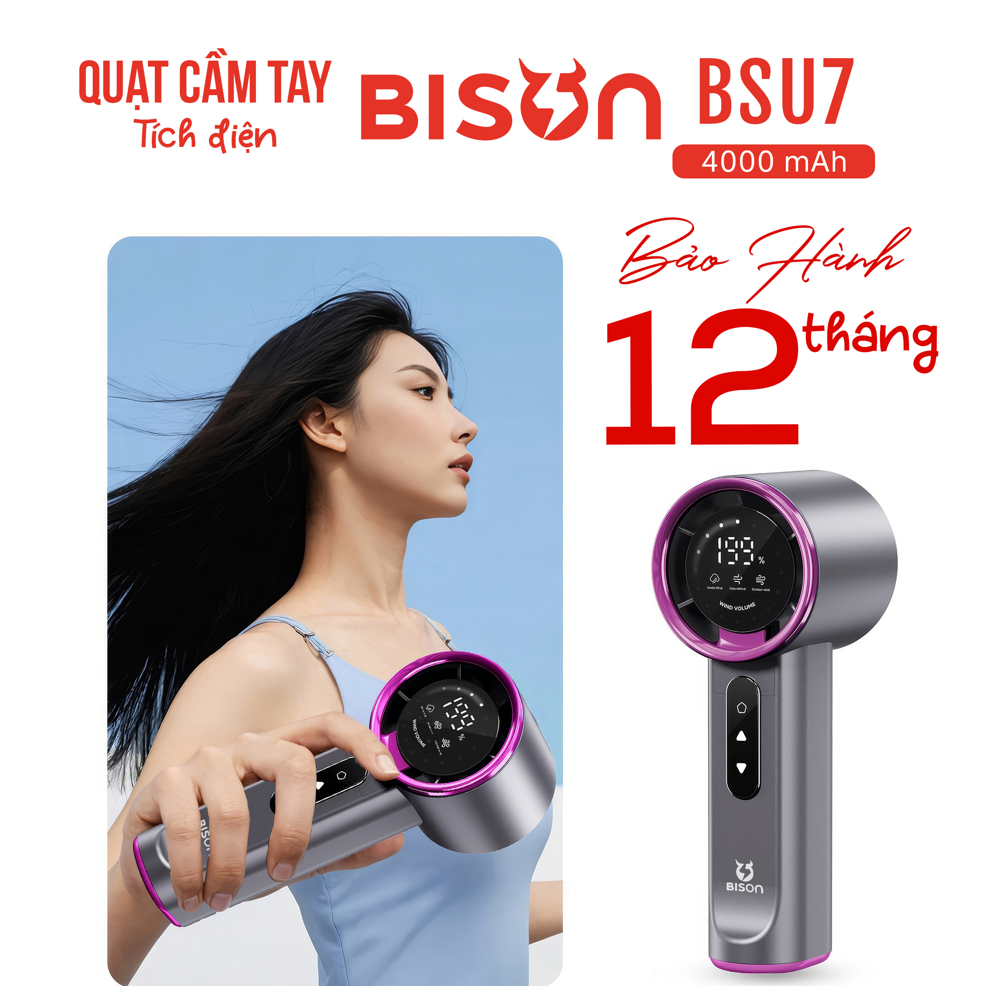 Quạt cầm tay Bison BSU7 cao cấp, tích điện 4000mAh, sạc type C, 199 tốc độ gió (19)