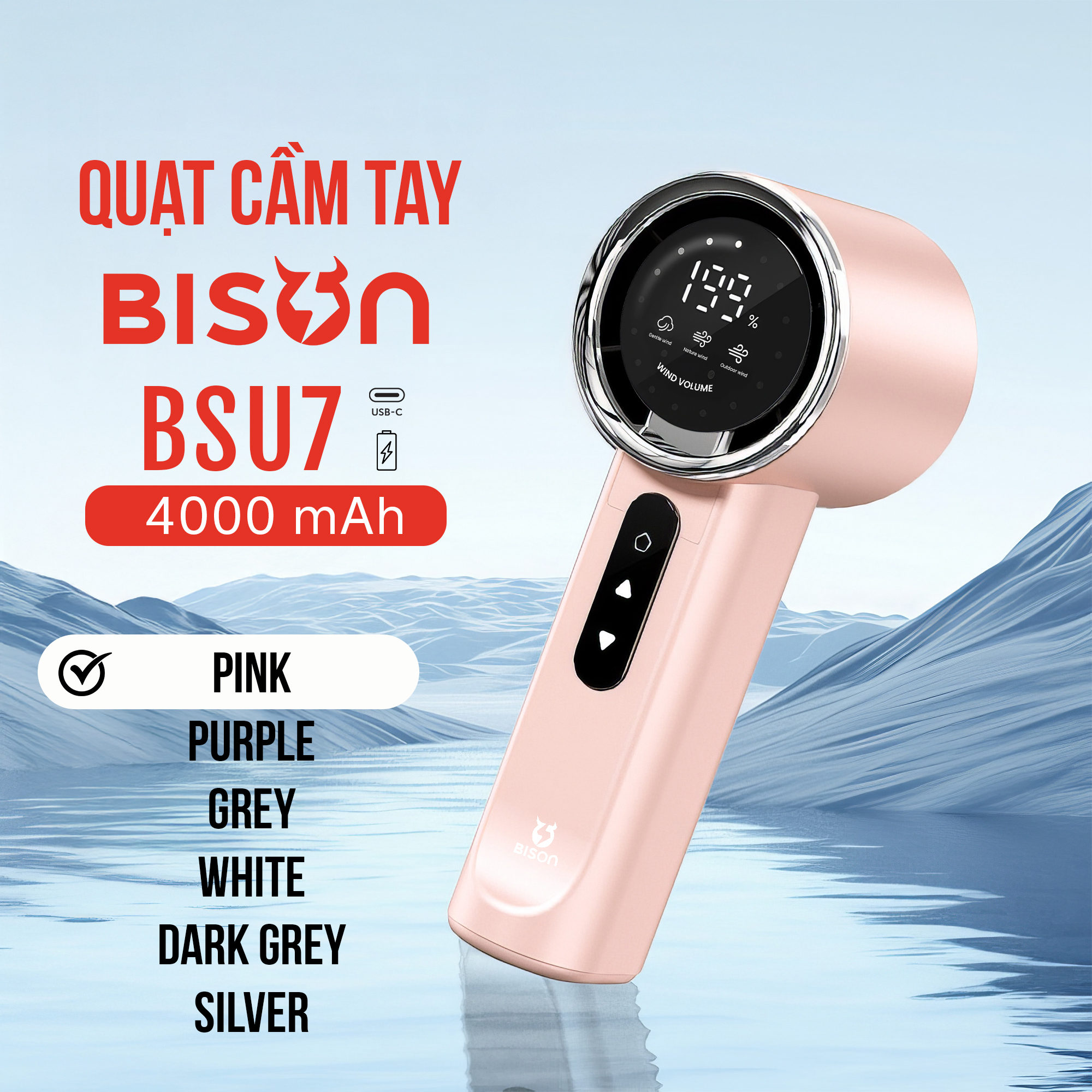 Quạt cầm tay Bison BSU7 cao cấp, tích điện 4000mAh, sạc type C, 199 tốc độ gió (2)