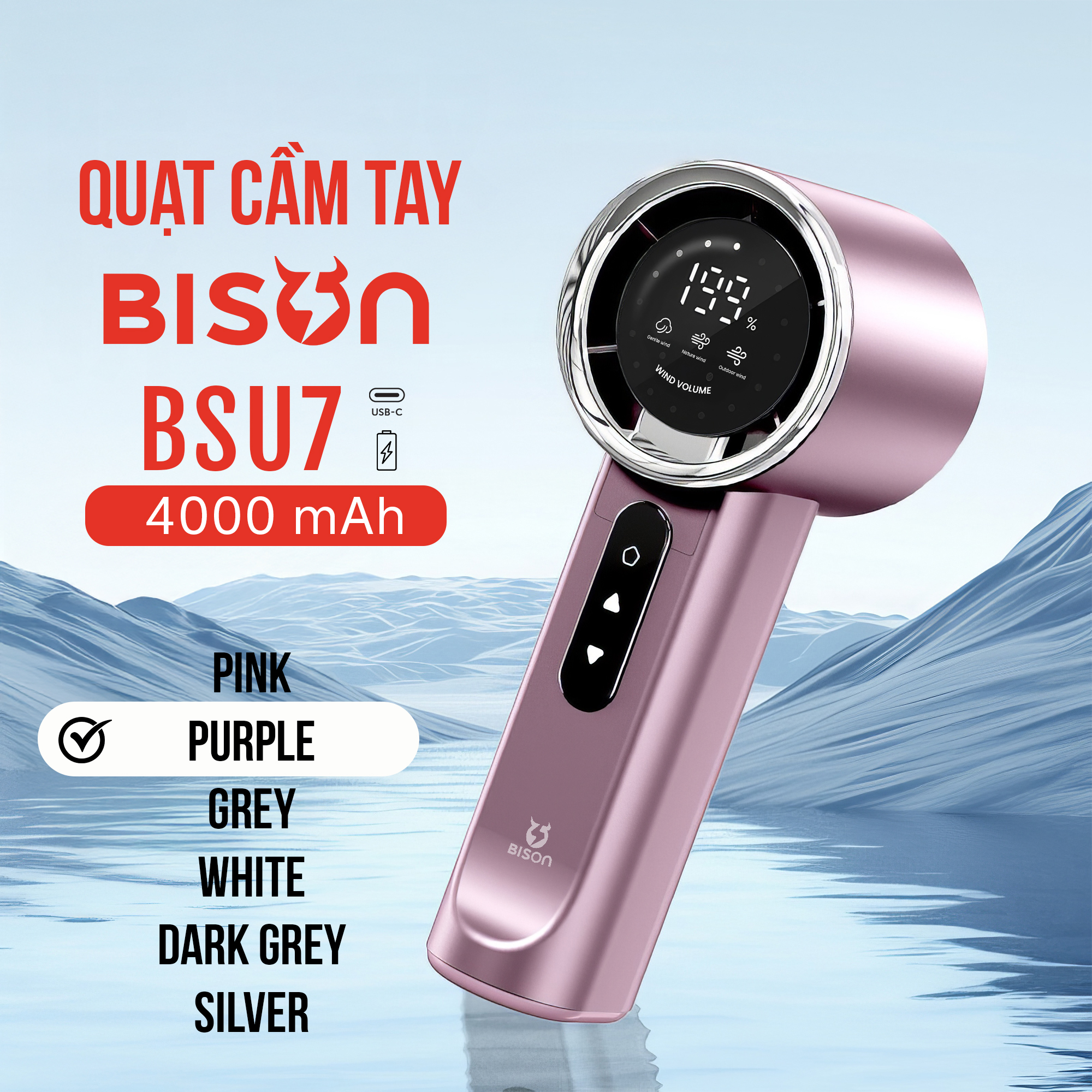 Quạt cầm tay Bison BSU7 cao cấp, tích điện 4000mAh, sạc type C, 199 tốc độ gió (3)