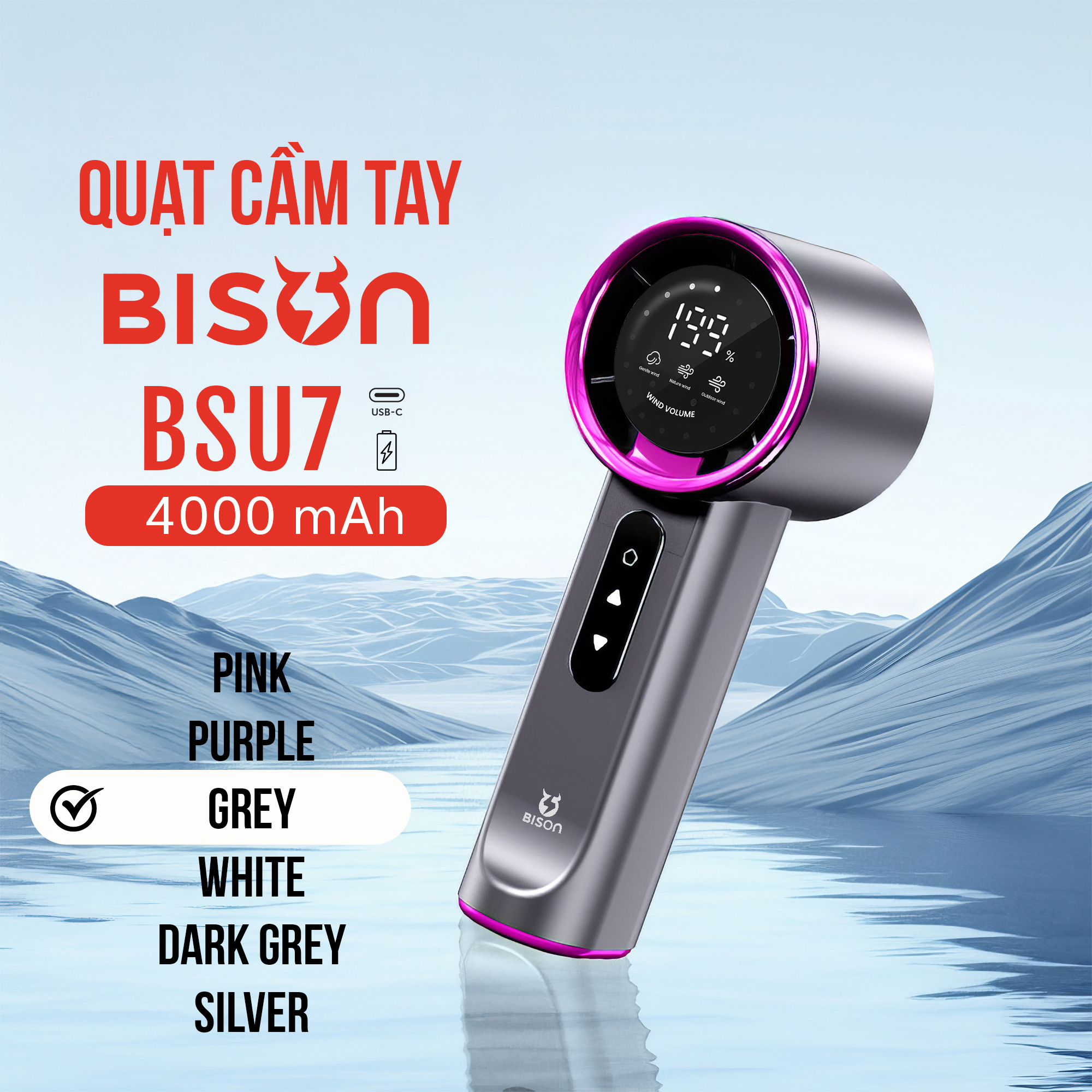 Quạt cầm tay Bison BSU7 cao cấp, tích điện 4000mAh, sạc type C, 199 tốc độ gió (4)