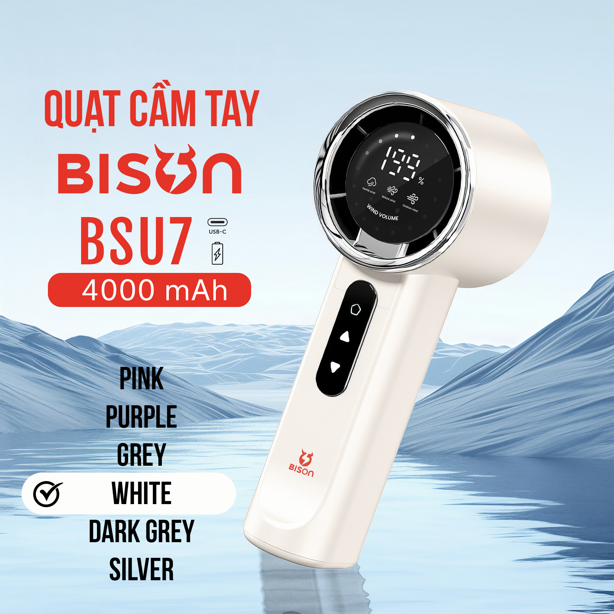 Quạt cầm tay Bison BSU7 cao cấp, tích điện 4000mAh, sạc type C, 199 tốc độ gió (5)