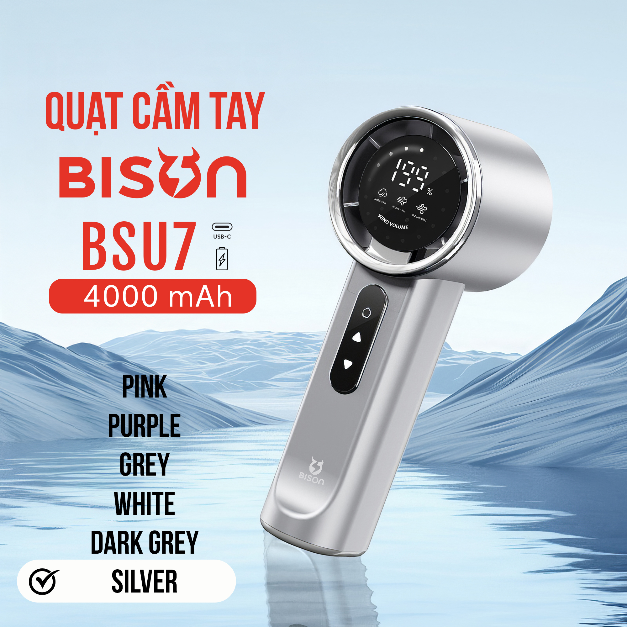 Quạt cầm tay Bison BSU7 cao cấp, tích điện 4000mAh, sạc type C, 199 tốc độ gió (7)