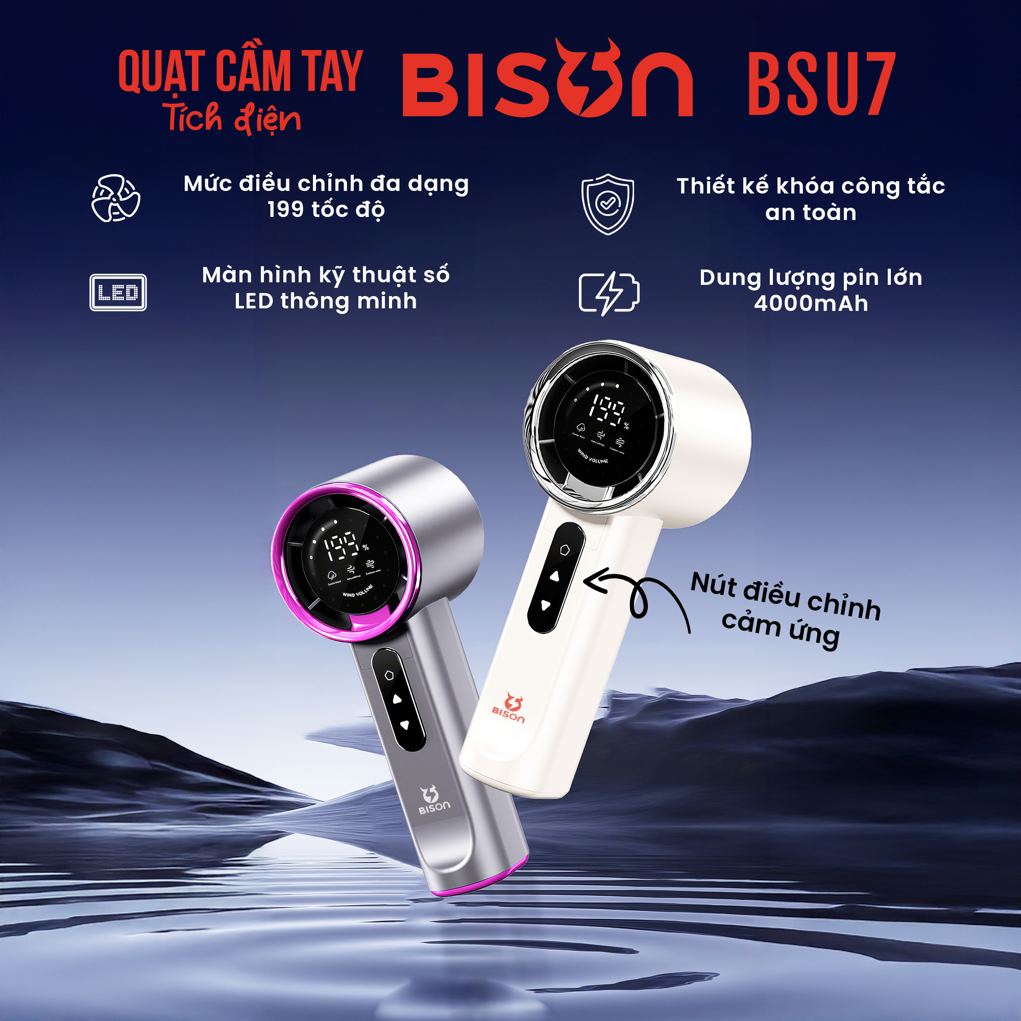 Quạt cầm tay Bison BSU7 cao cấp, tích điện 4000mAh, sạc type C, 199 tốc độ gió (8)