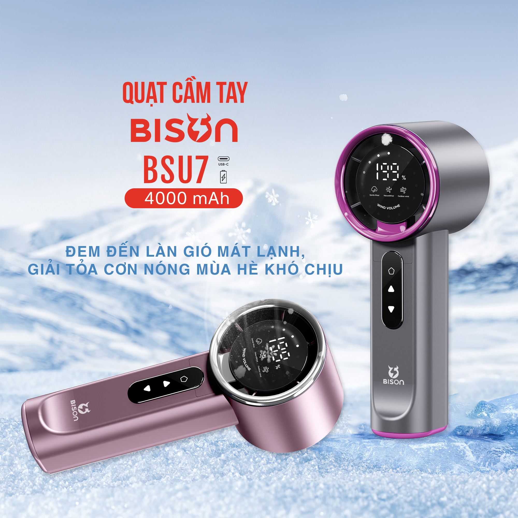 Quạt cầm tay Bison BSU7 cao cấp, tích điện 4000mAh, sạc type C, 199 tốc độ gió (9)