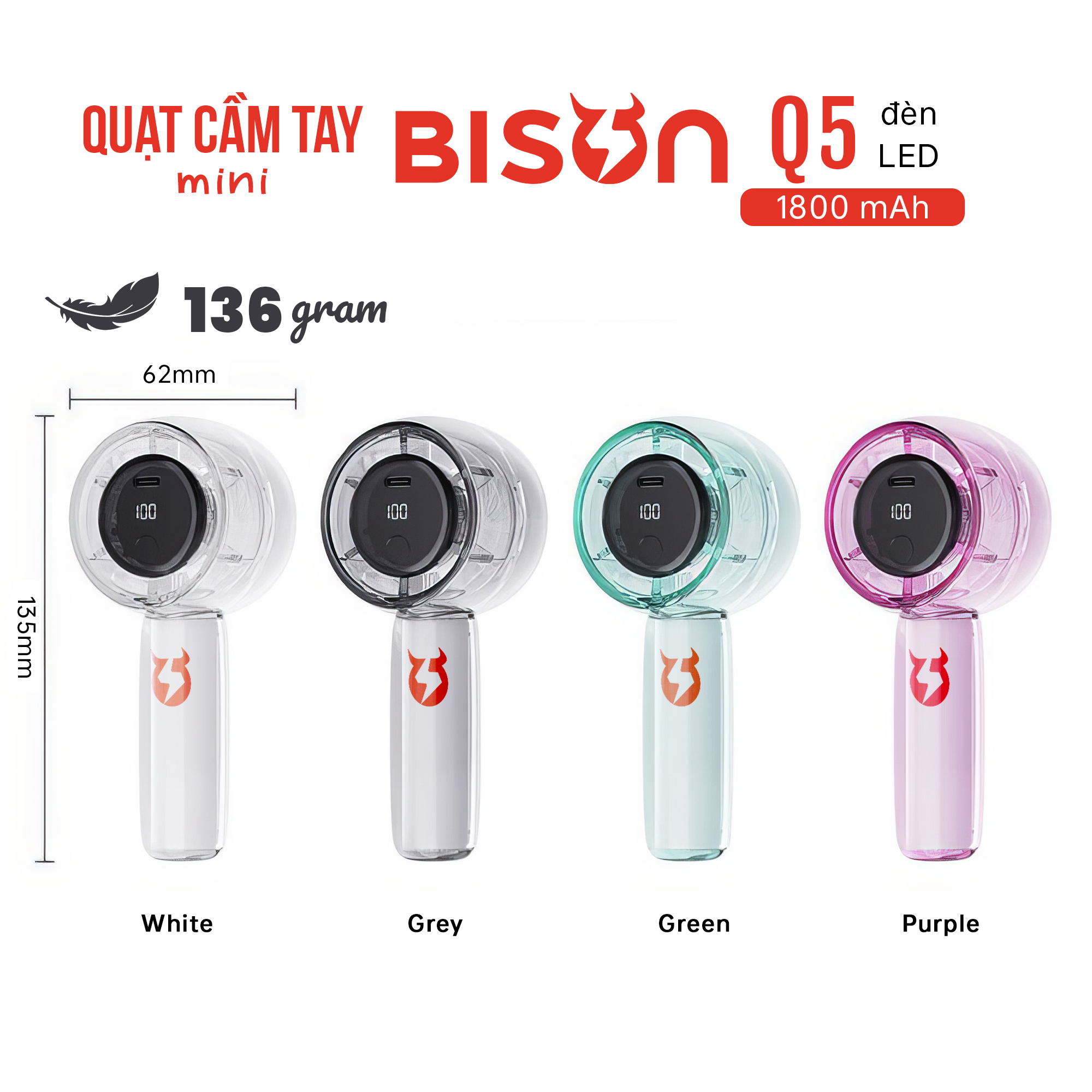 Quạt cầm tay Bison Q5 mini, nhỏ gọn, tích điện 1800mAh, sạc type C, 100 tốc độ gió (1)