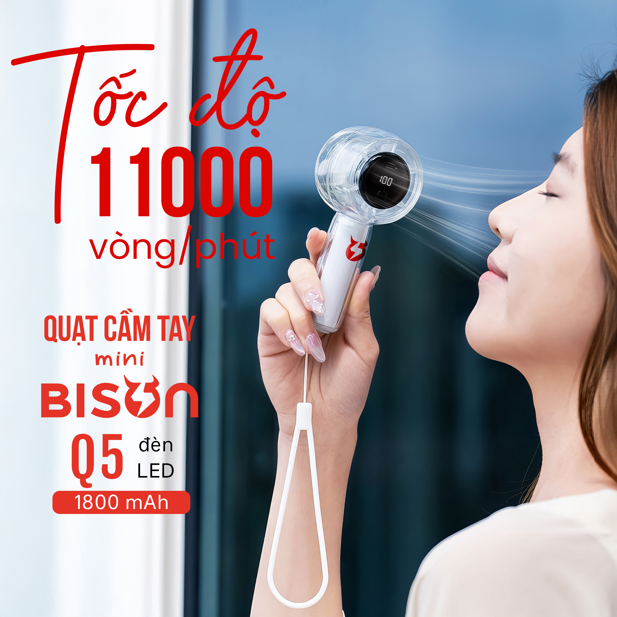 Quạt cầm tay Bison Q5 mini, nhỏ gọn, tích điện 1800mAh, sạc type C, 100 tốc độ gió (14)