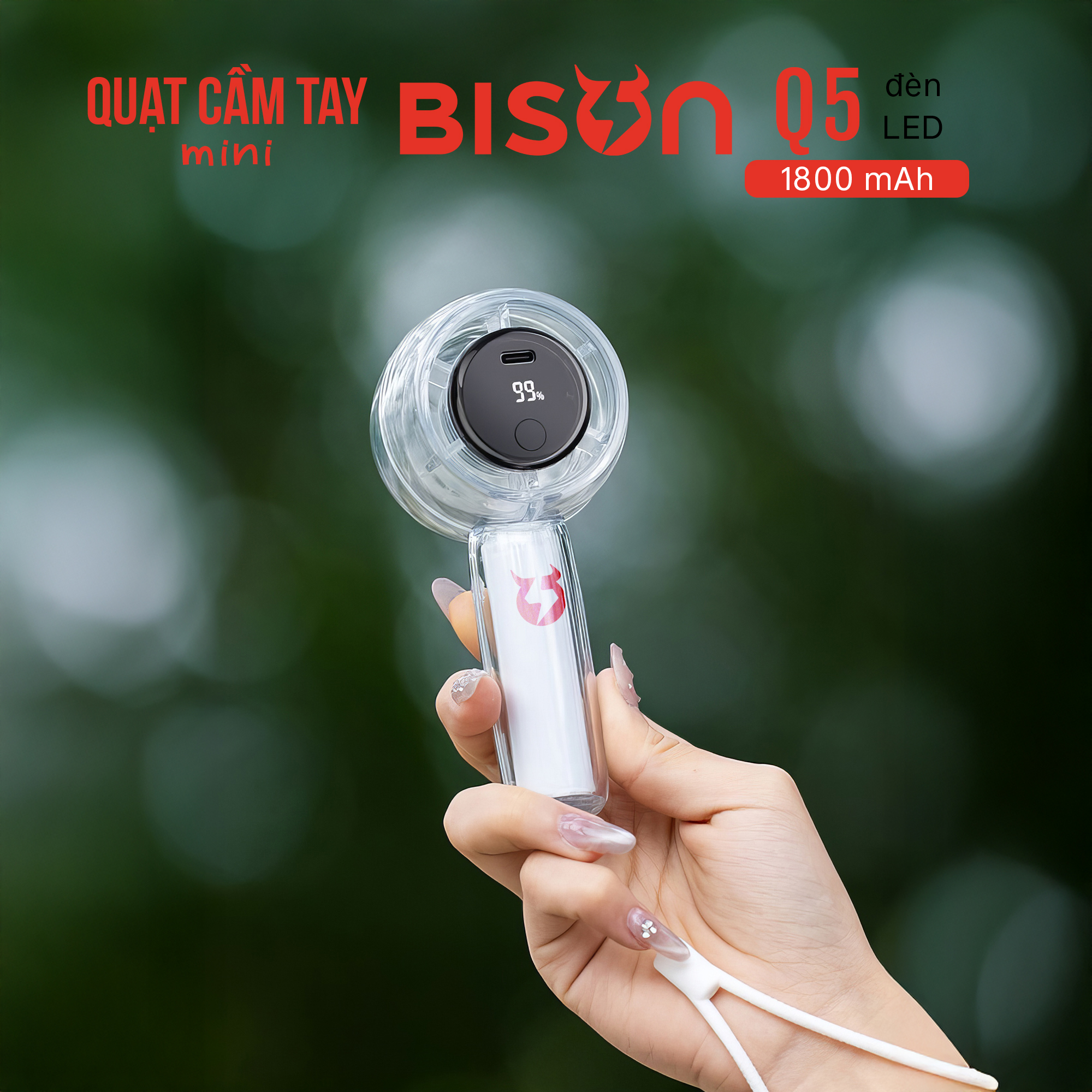 Quạt cầm tay Bison Q5 mini, nhỏ gọn, tích điện 1800mAh, sạc type C, 100 tốc độ gió (18)