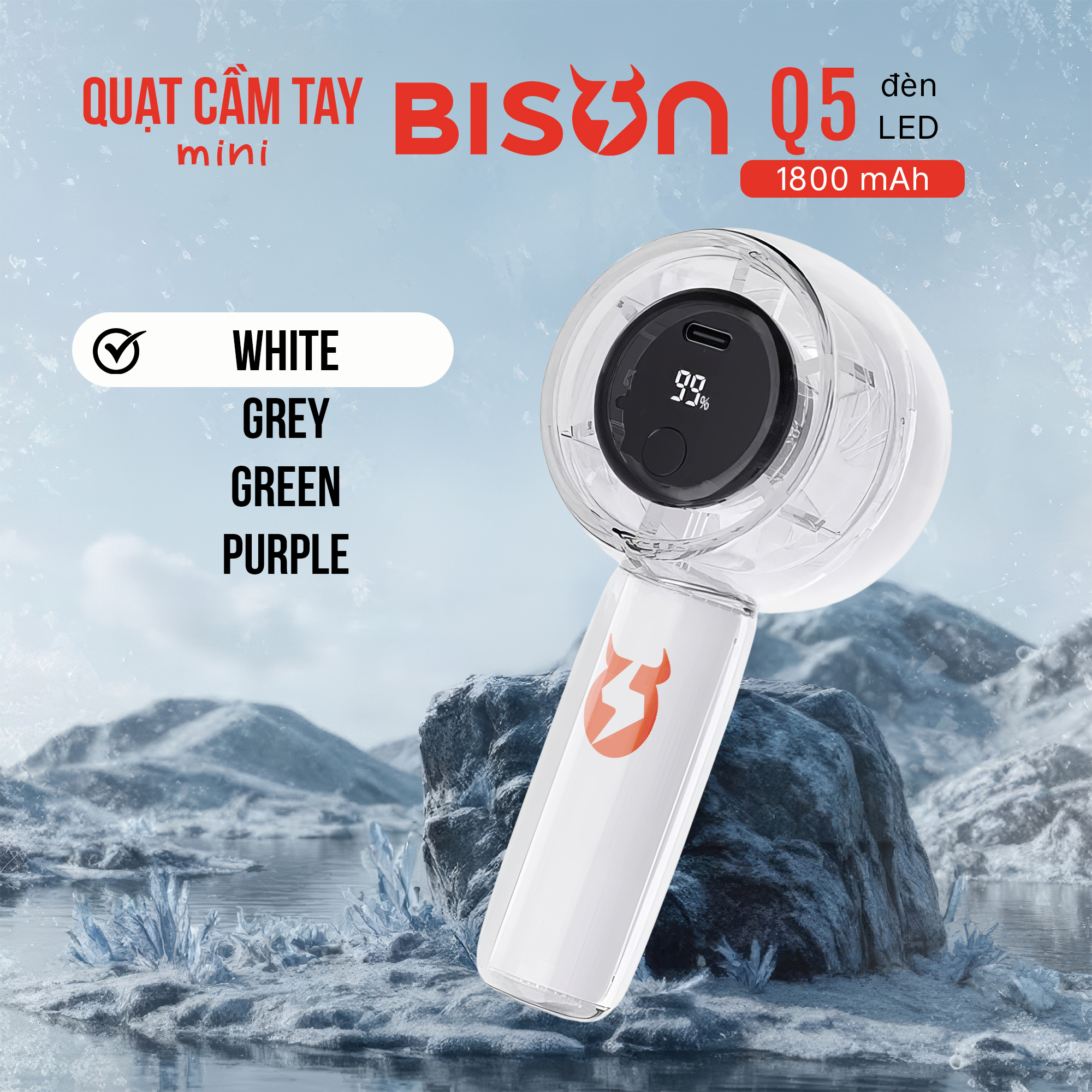 Quạt cầm tay Bison Q5 mini, nhỏ gọn, tích điện 1800mAh, sạc type C, 100 tốc độ gió (2)