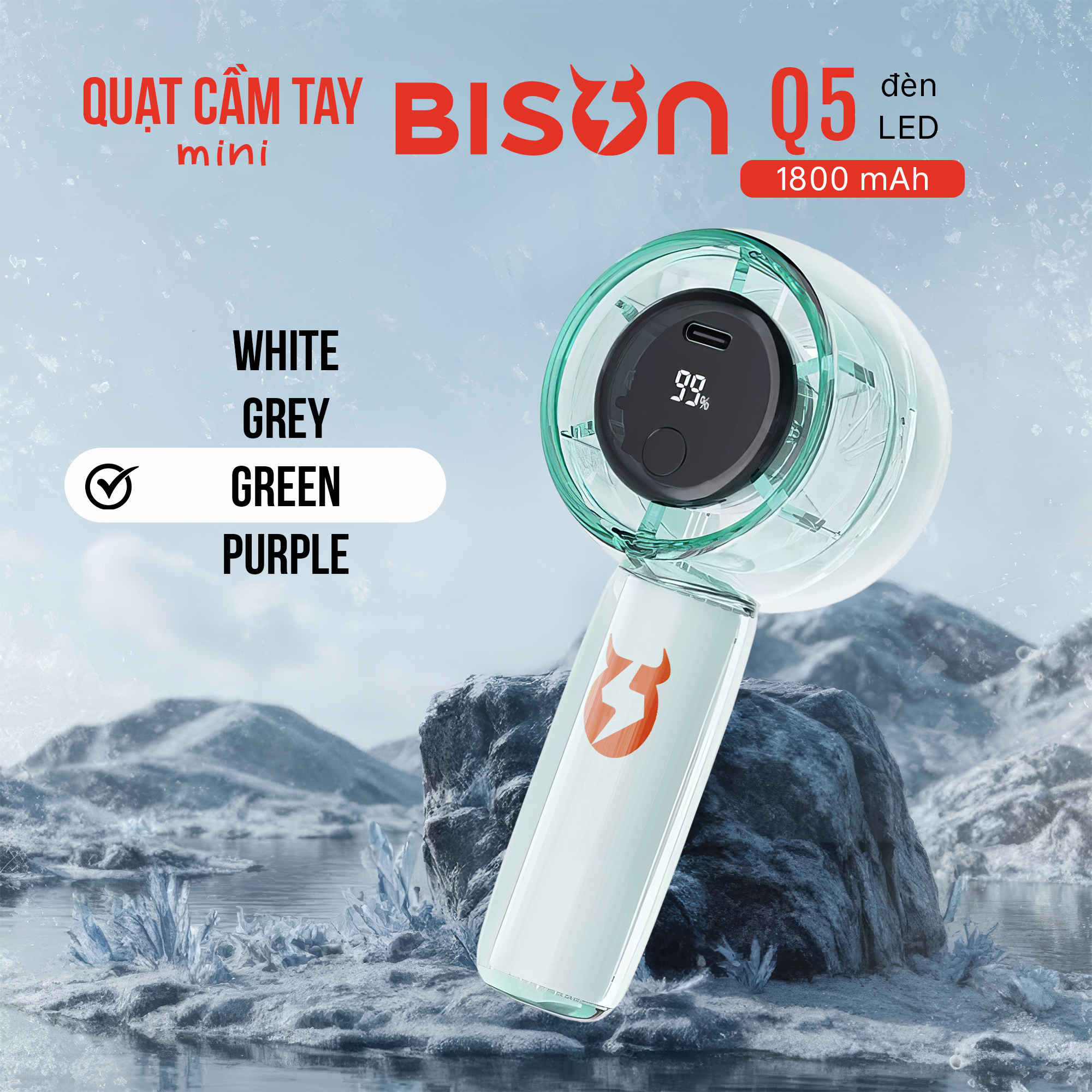 Quạt cầm tay Bison Q5 mini, nhỏ gọn, tích điện 1800mAh, sạc type C, 100 tốc độ gió (4)