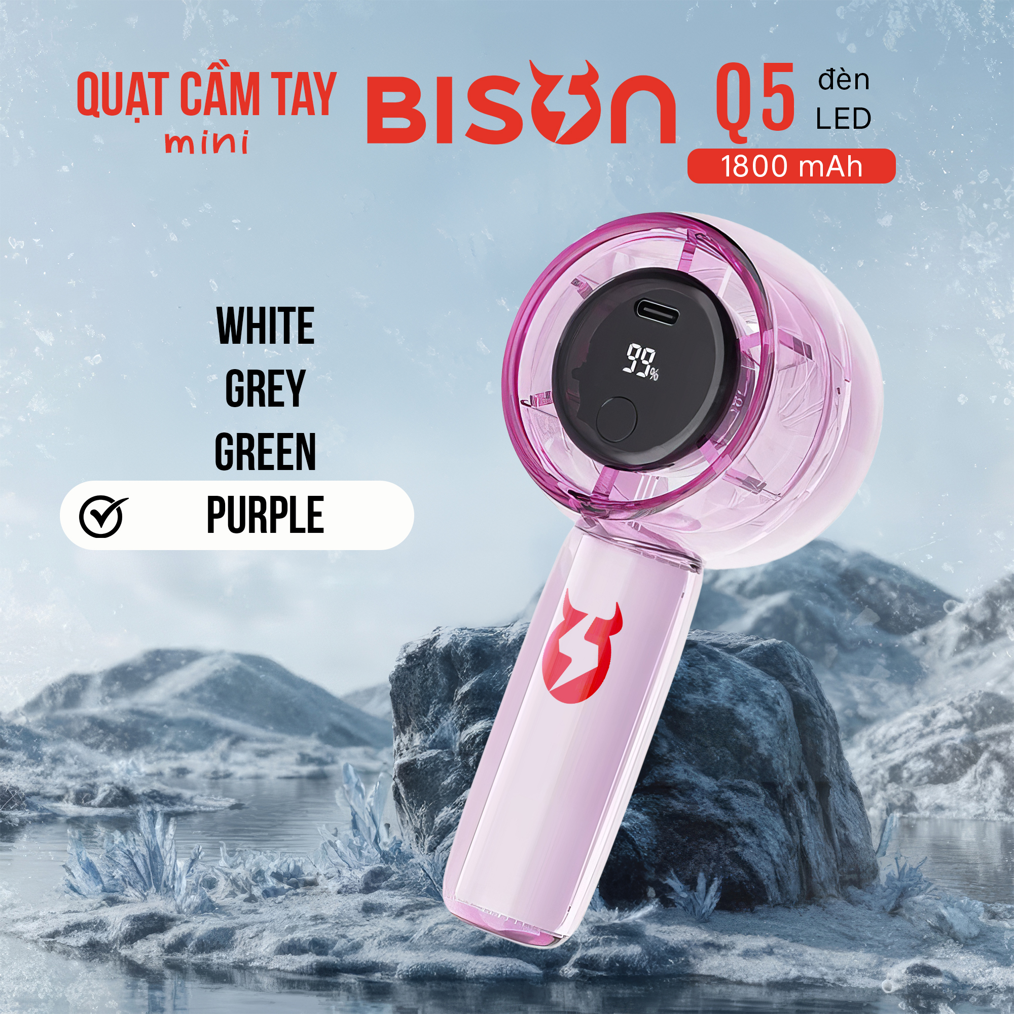 Quạt cầm tay Bison Q5 mini, nhỏ gọn, tích điện 1800mAh, sạc type C, 100 tốc độ gió (5)
