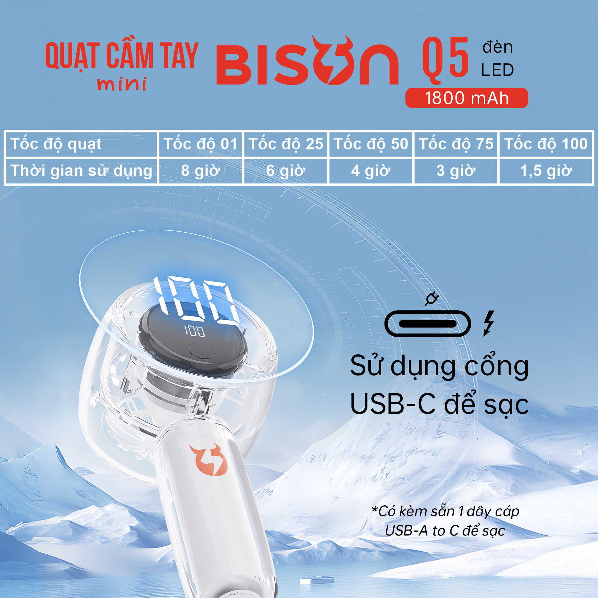 Quạt cầm tay Bison Q5 mini, nhỏ gọn, tích điện 1800mAh, sạc type C, 100 tốc độ gió (6)
