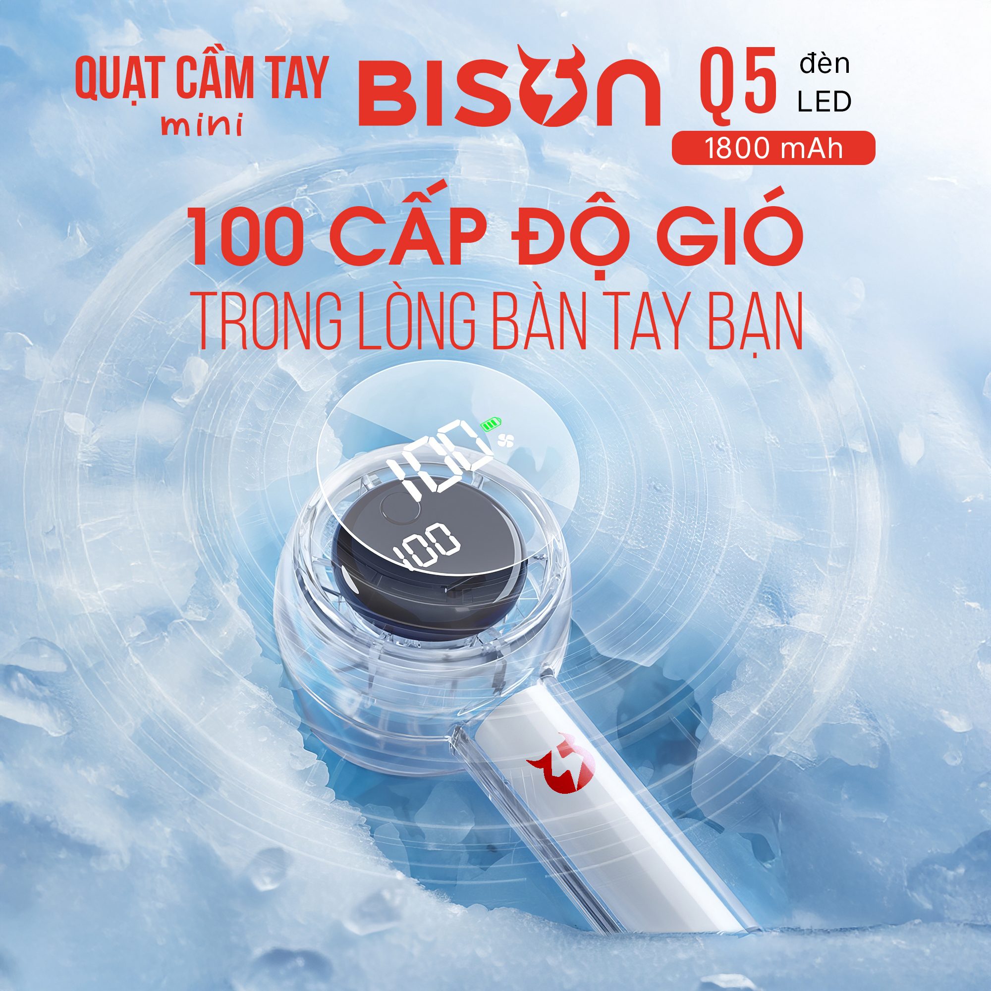 Quạt cầm tay Bison Q5 mini, nhỏ gọn, tích điện 1800mAh, sạc type C, 100 tốc độ gió (7)
