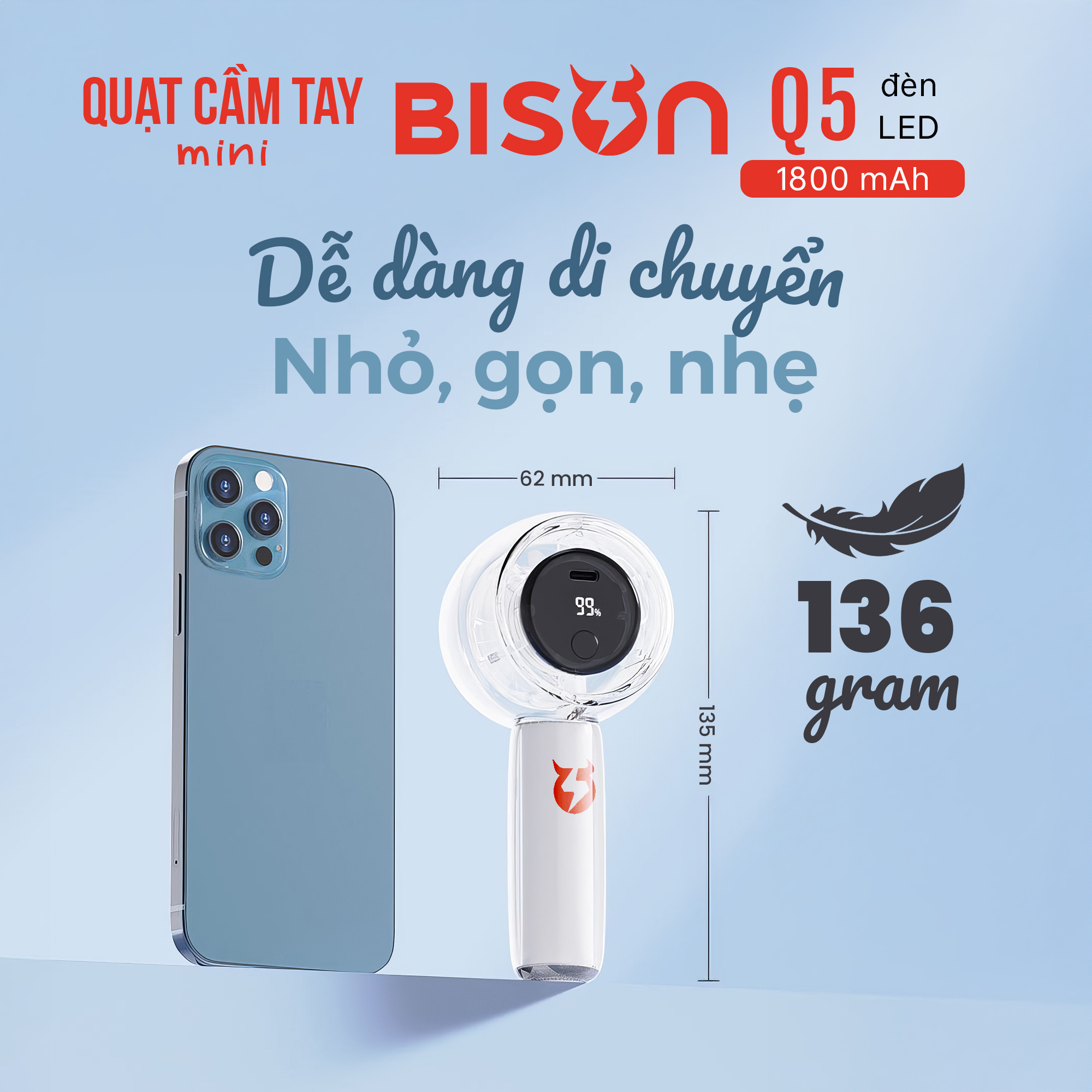 Quạt cầm tay Bison Q5 mini, nhỏ gọn, tích điện 1800mAh, sạc type C, 100 tốc độ gió (8)