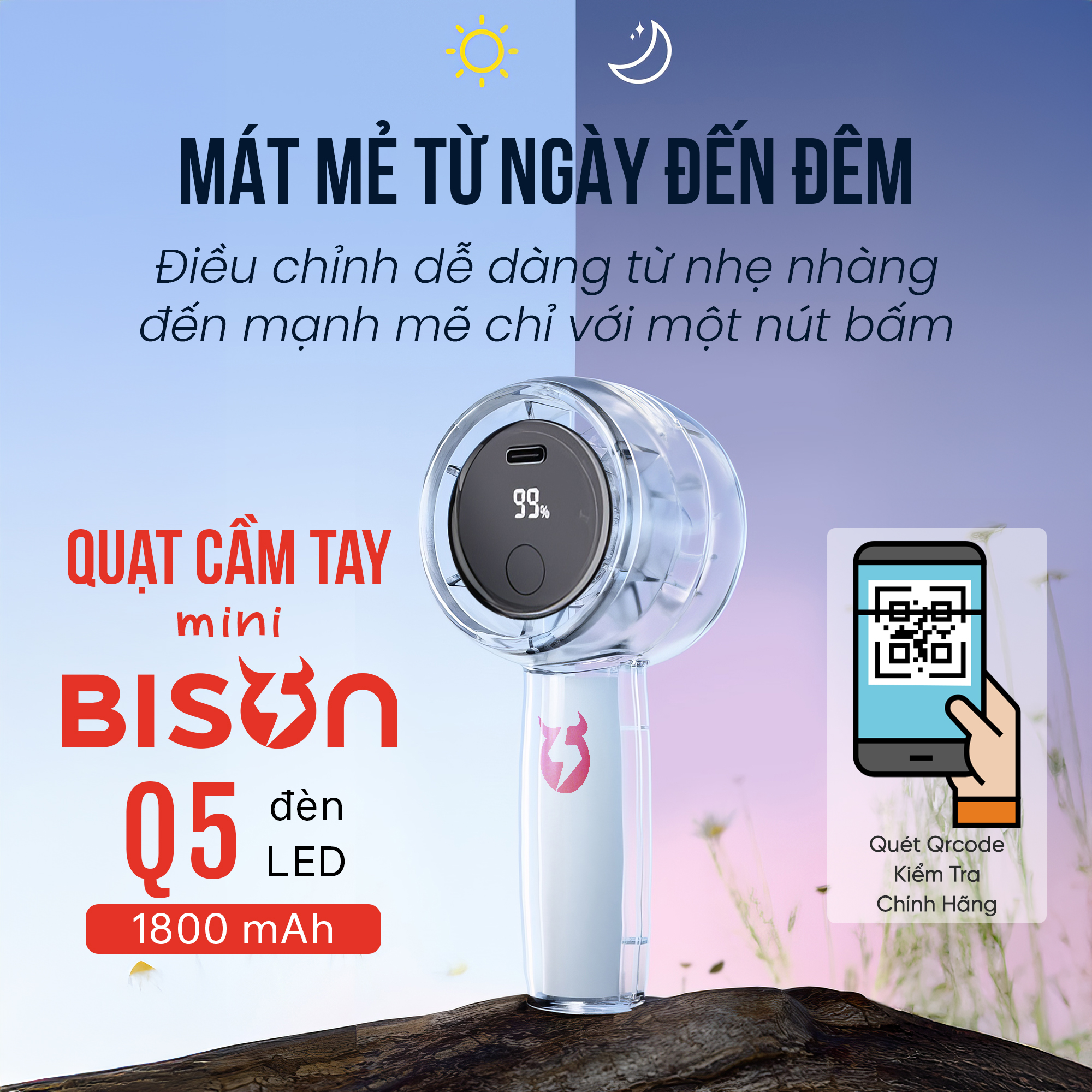 Quạt cầm tay Bison Q5 mini, nhỏ gọn, tích điện 1800mAh, sạc type C, 100 tốc độ gió (9)