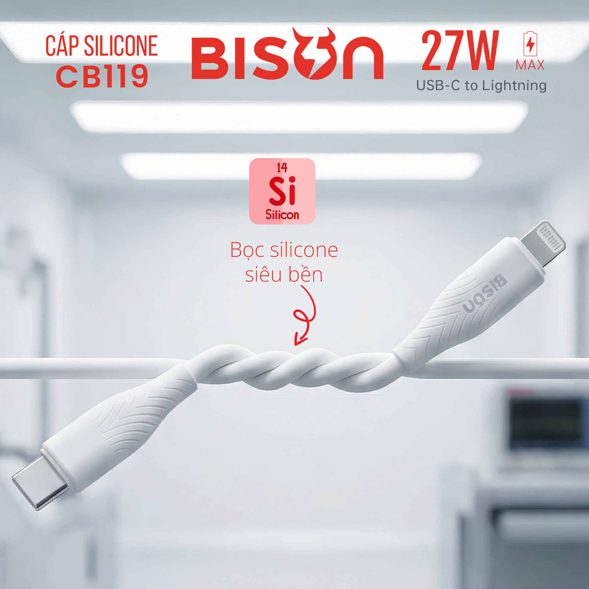 Cáp sạc Bison 27W USB-C to Lightning, sạc nhanh 3A 9V, bọc silicone, màu trắng CB119-11