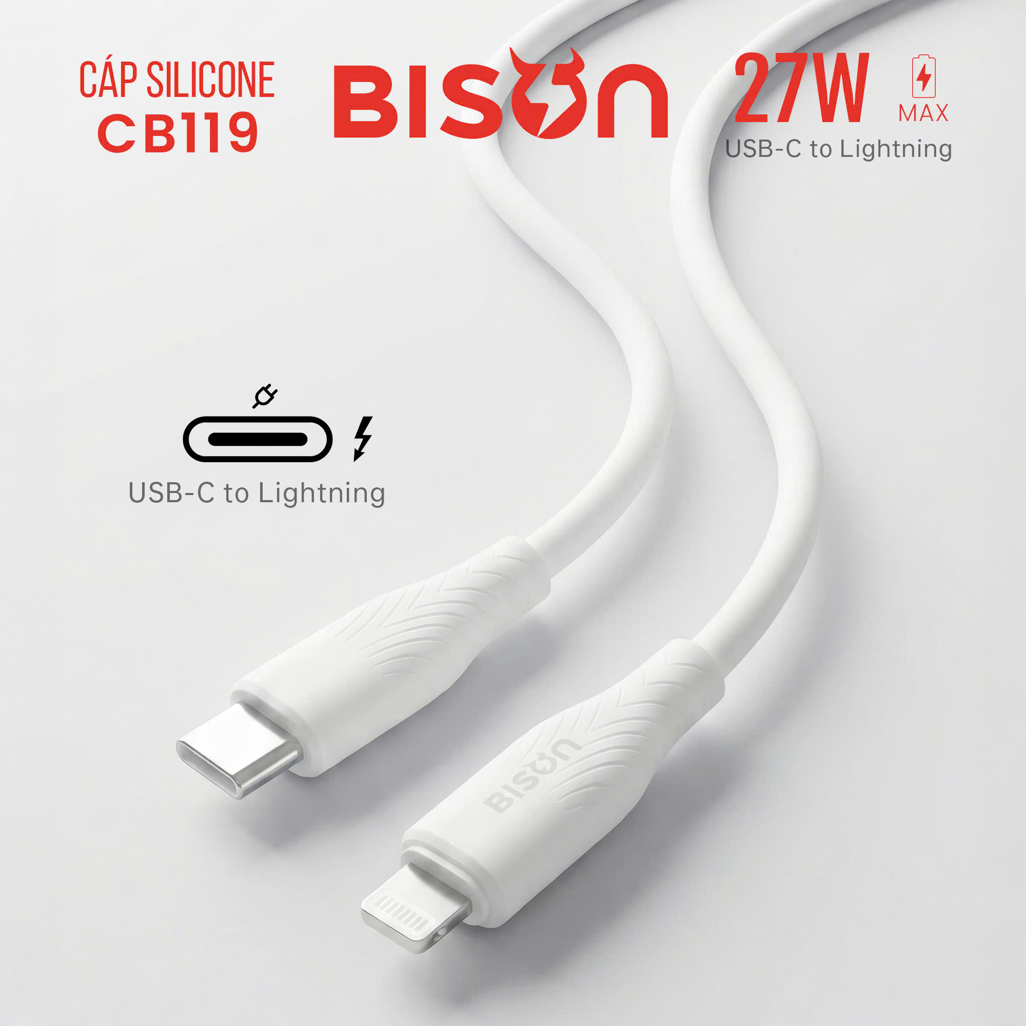 Cáp sạc Bison 27W USB-C to Lightning, sạc nhanh 3A 9V, bọc silicone, màu trắng CB119-12