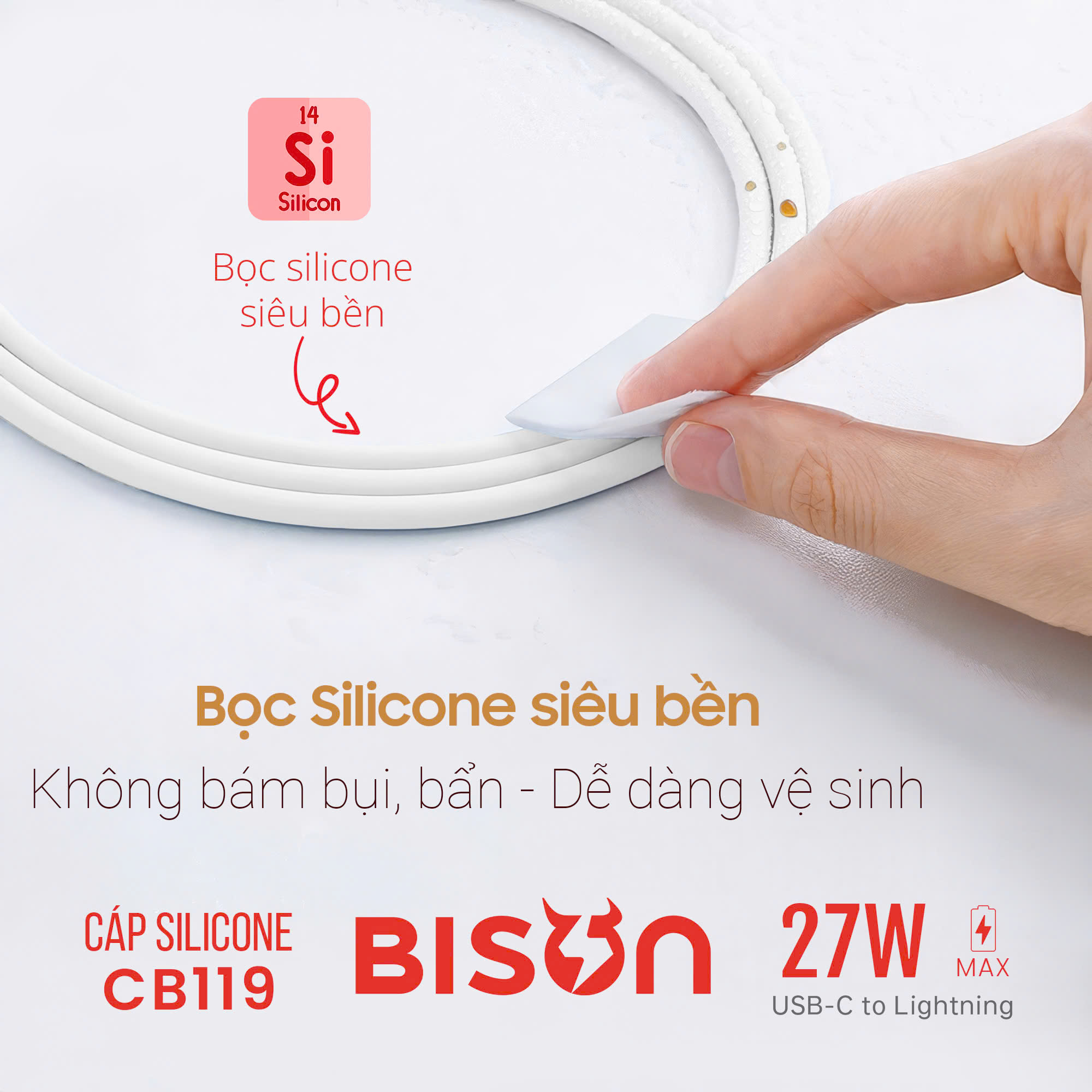 Cáp sạc Bison 27W USB-C to Lightning, sạc nhanh 3A 9V, bọc silicone, màu trắng CB119-2