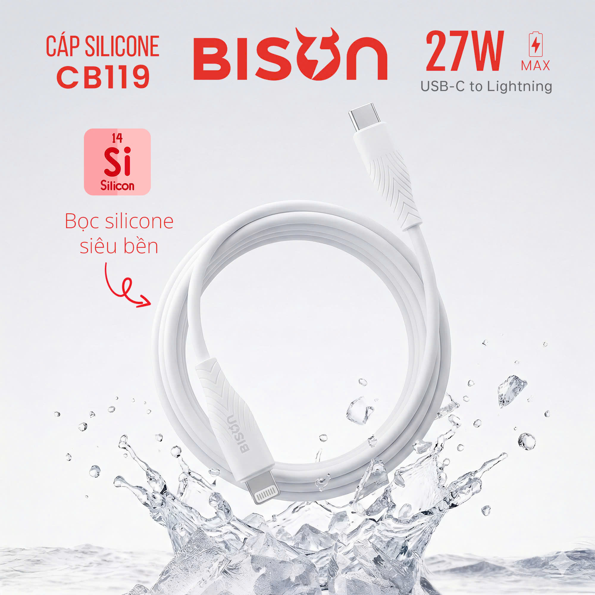 Cáp sạc Bison 27W USB-C to Lightning, sạc nhanh 3A 9V, bọc silicone, màu trắng CB119-3
