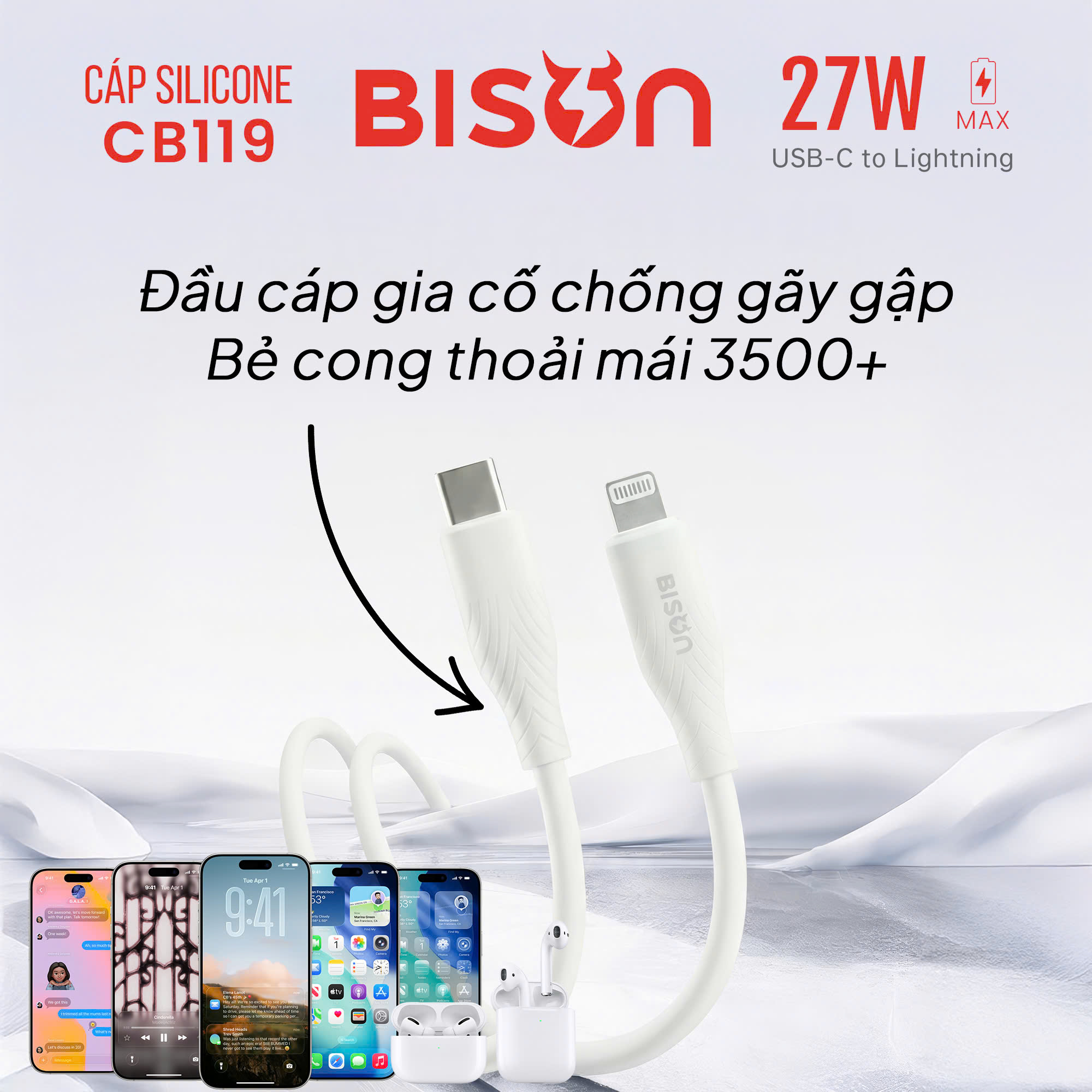 Cáp sạc Bison 27W USB-C to Lightning, sạc nhanh 3A 9V, bọc silicone, màu trắng CB119-4