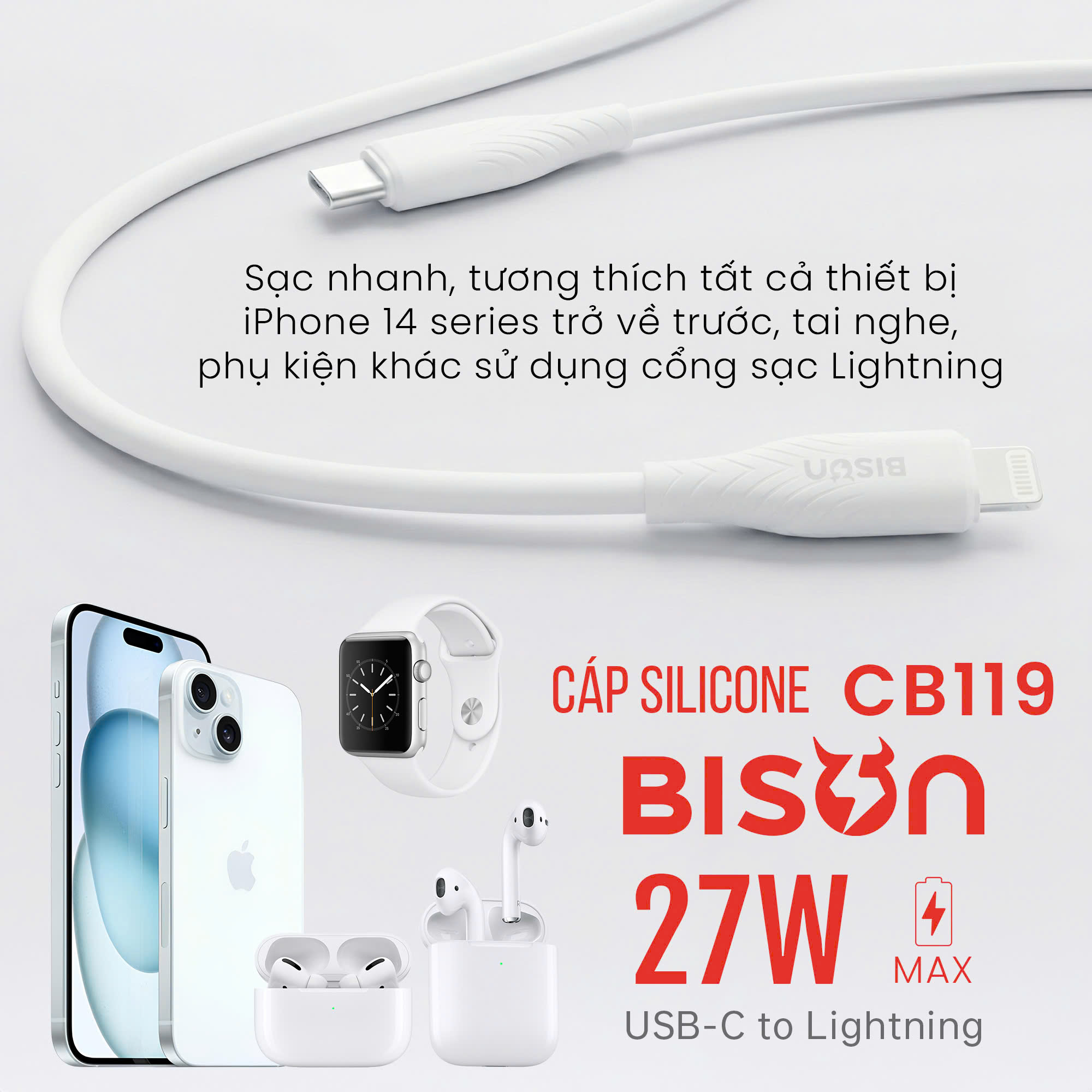 Cáp sạc Bison 27W USB-C to Lightning, sạc nhanh 3A 9V, bọc silicone, màu trắng CB119-7